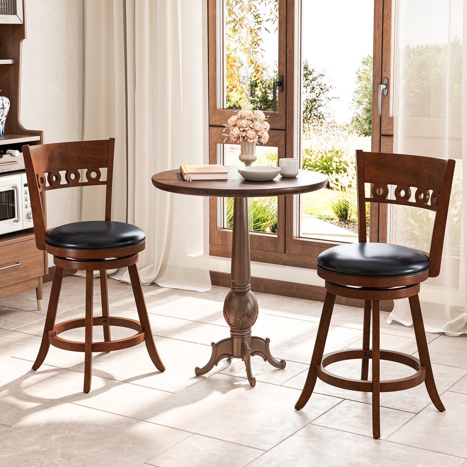 Set of 2 Swivel Bar Stools with Rubber Wood Frame-24.5 inches
