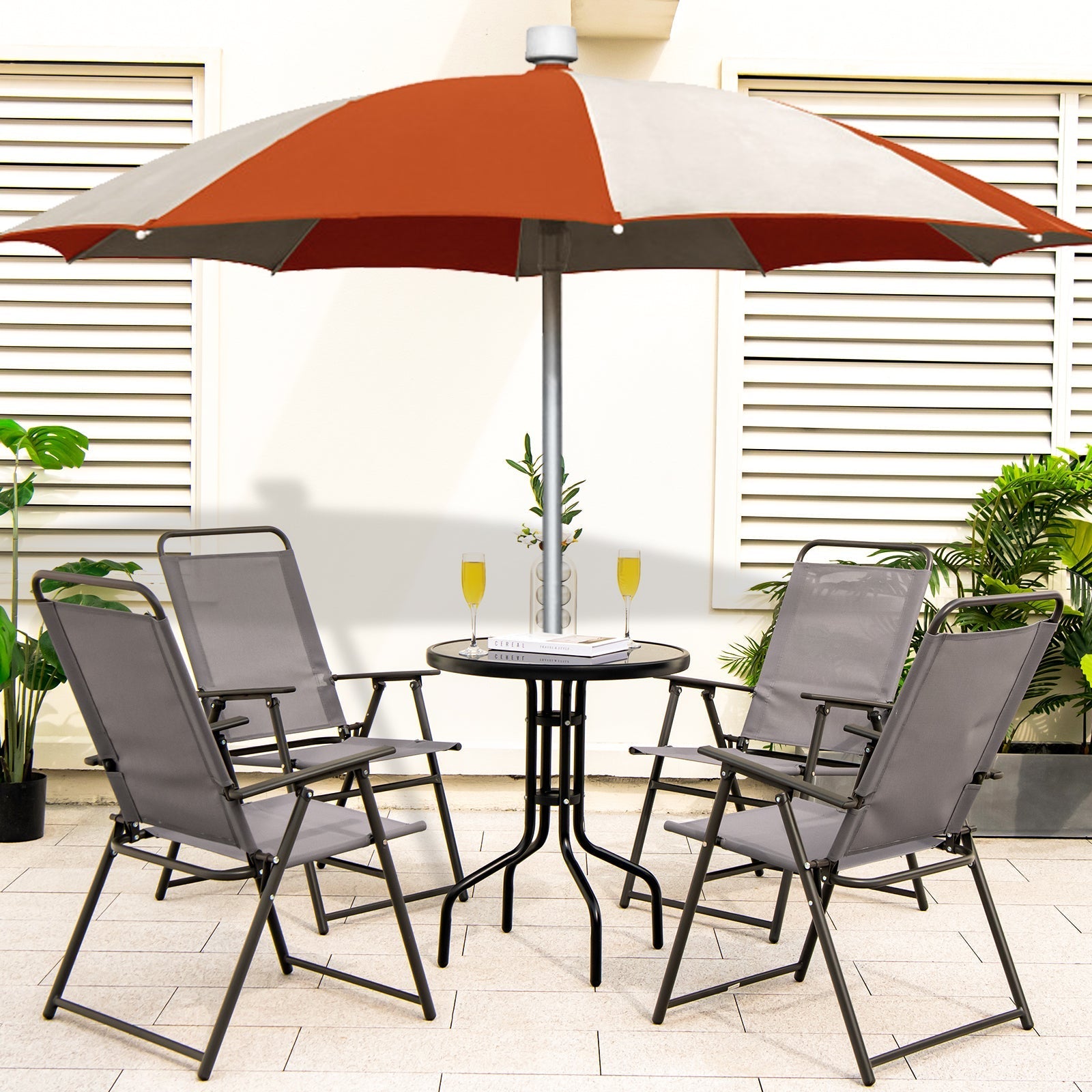 Outdoor Folding Sling Chairs Set of 4 with Armrest and Backrest-Gray