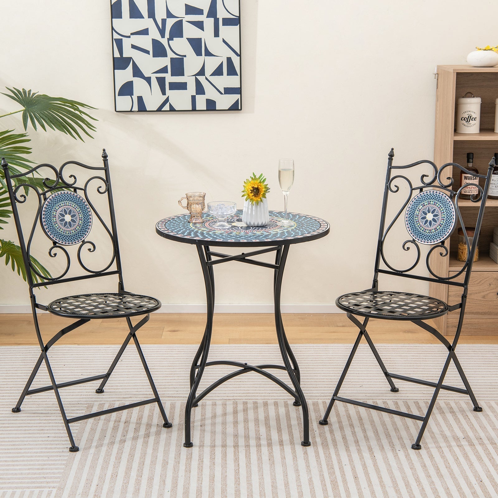 Set of 2 Mosaic Chairs for Patio Metal Folding Chairs-Multicolor