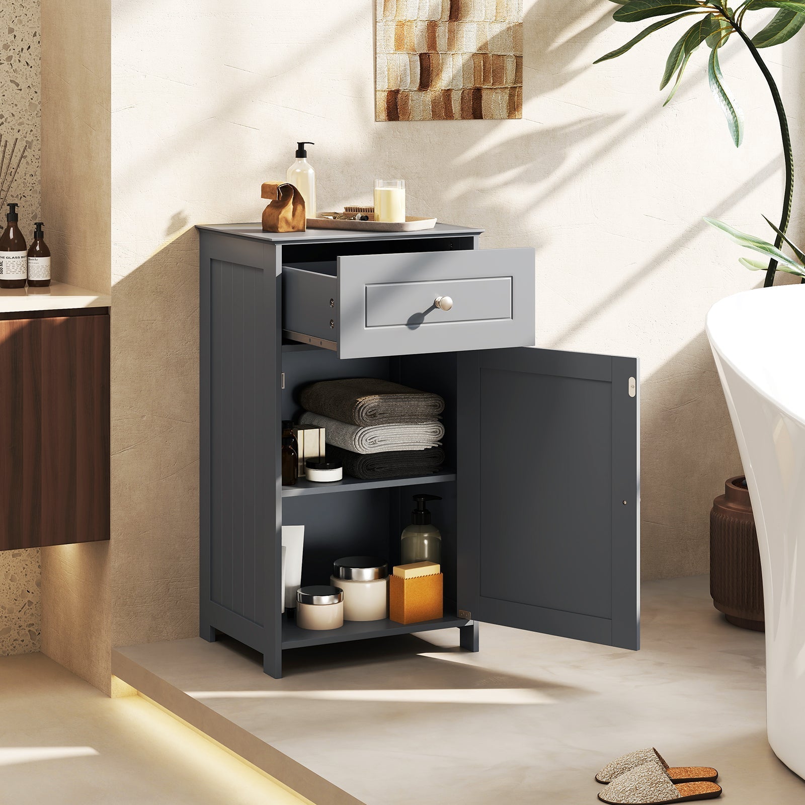 Single Door Bathroom Cabinet with Adjustable Shelf and Drawer-Gray