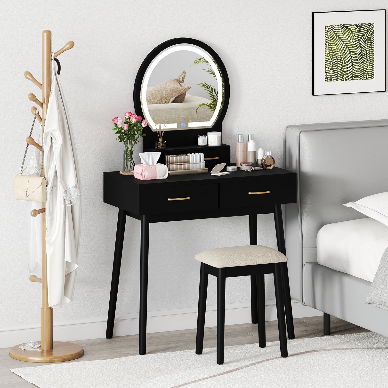 Small Vanity Makeup Dressing Table Set with Cushioned Stool and LED Lighted Mirror-Black
