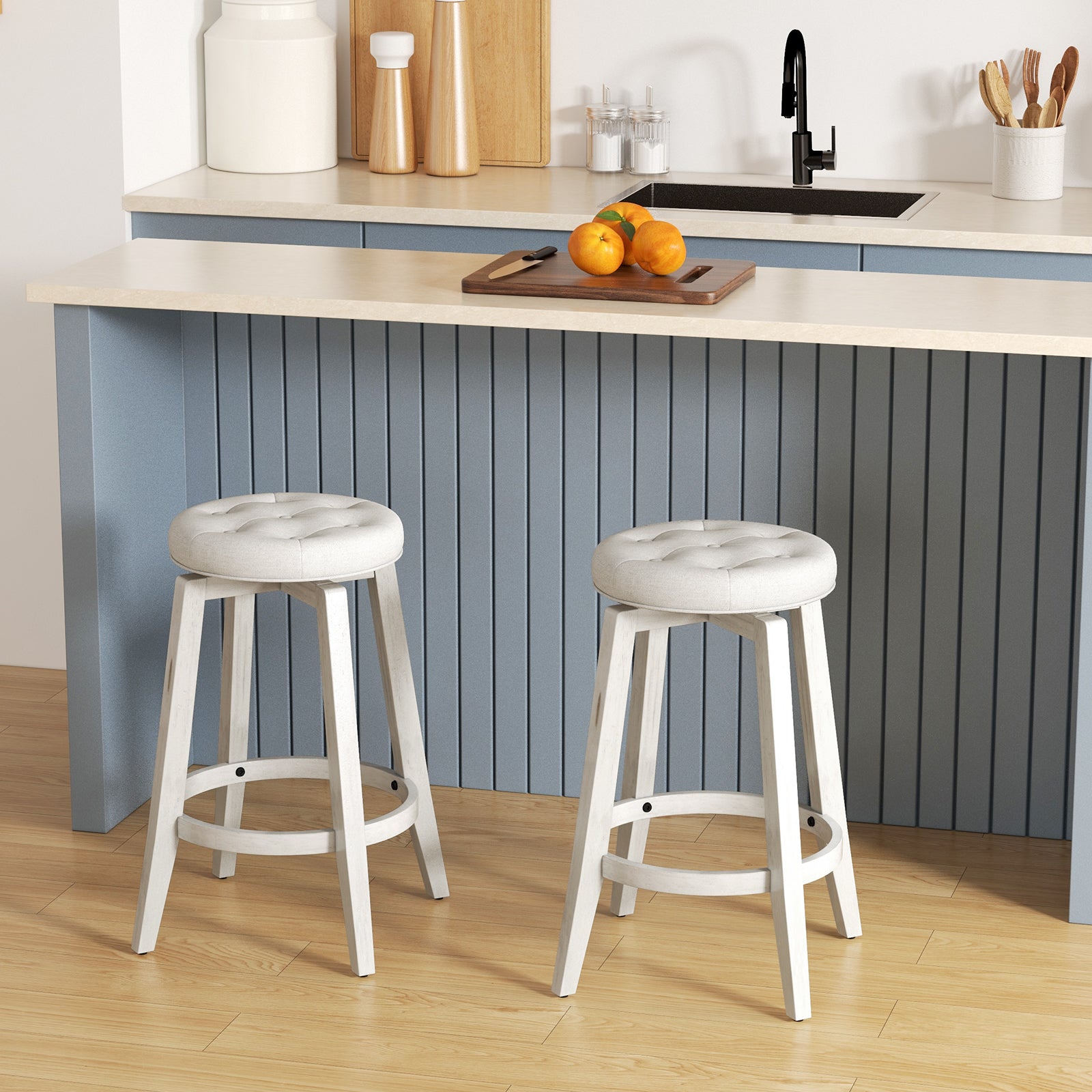 360-Degree Swivel Upholstered Rubberwood Frame Bar Stool Set of 2 with Footrest-24 inches