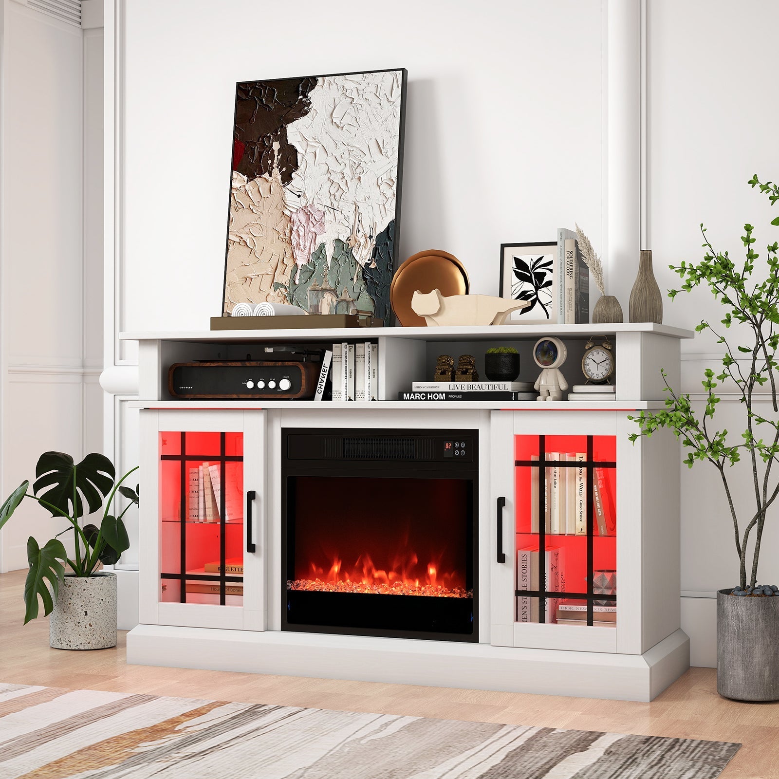TV Stand with Electric Fireplace LED Lights and Remote Controls for TVs Up to 40 Inch-White