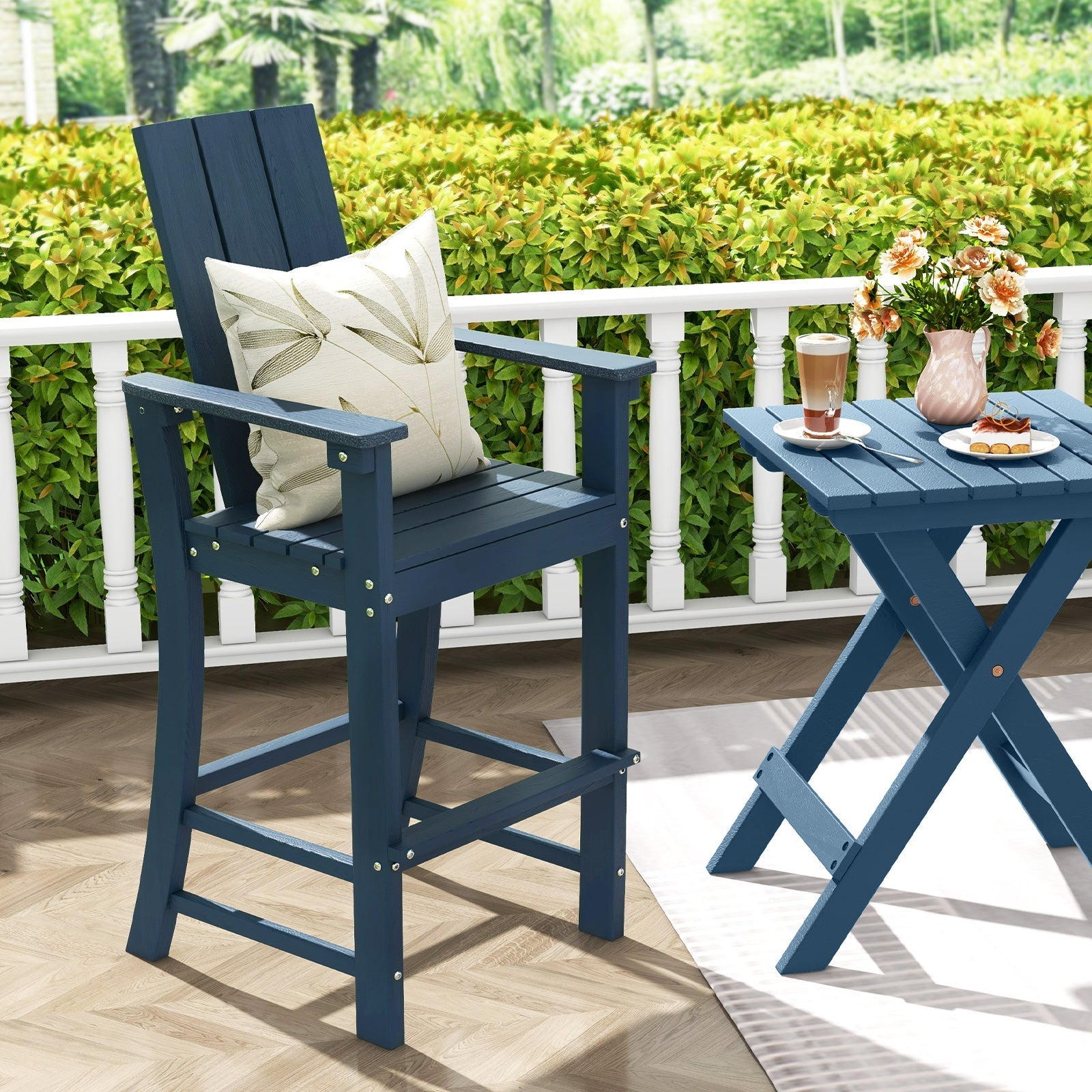 Tall Adirondack Chair Outdoor Bar Stool with Ergonomic Backrest for Backyard-Blue