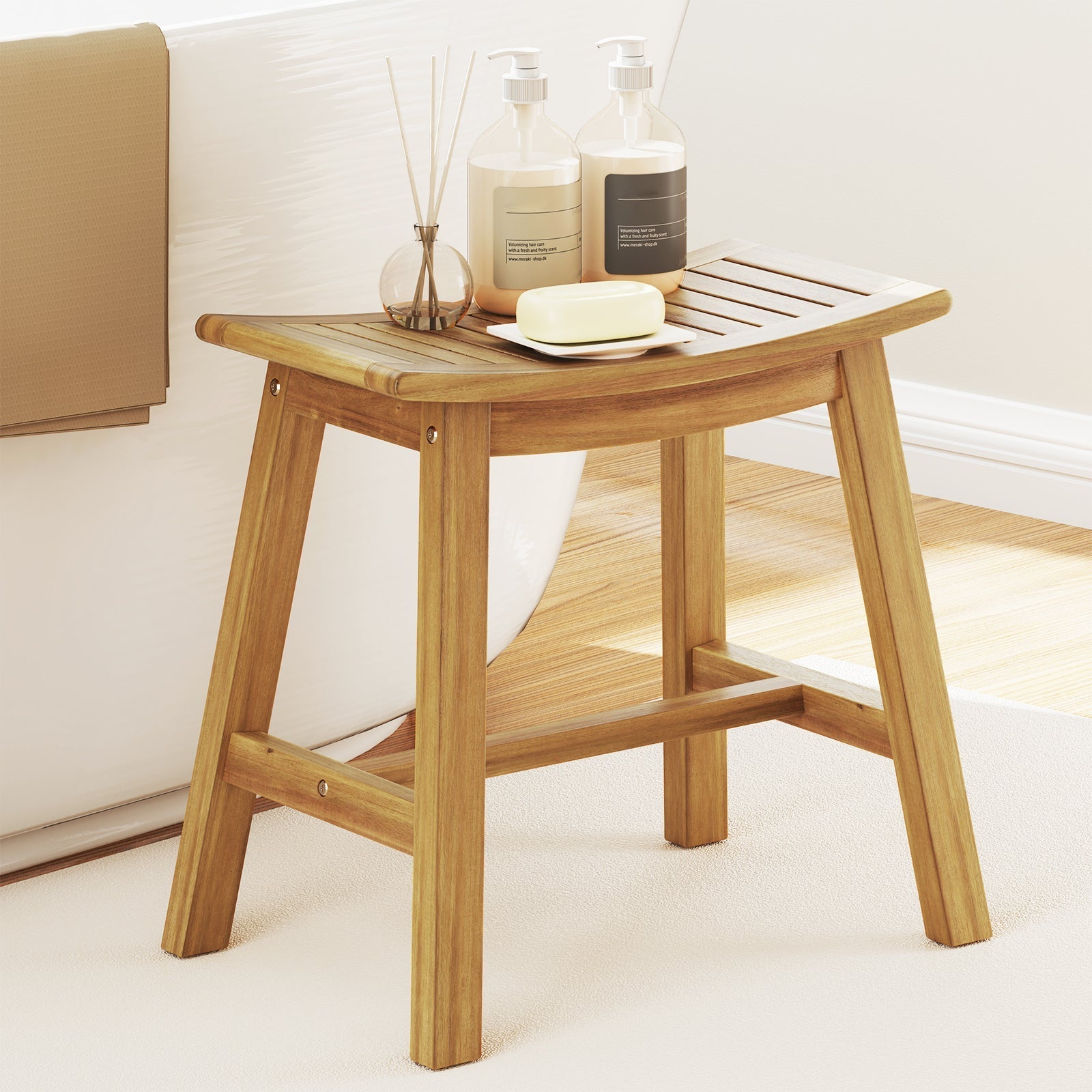 Teak Wood Shower Stool with Curved Seat for Inside Shower Spa