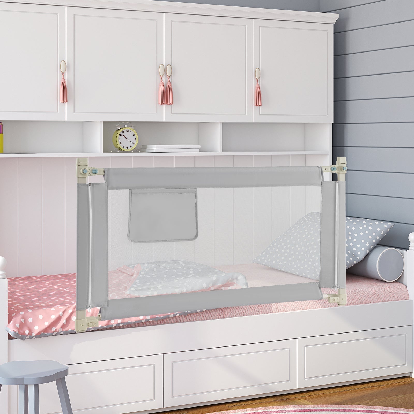 Toddler Bedrail with Side Pocket and 24 Adjustable Heights-Gray