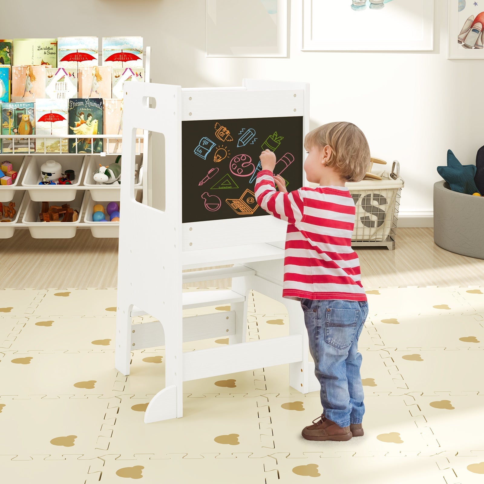 Toddler Kitchen Step Stool with Activity Chalkboard and Adjustable Height-White