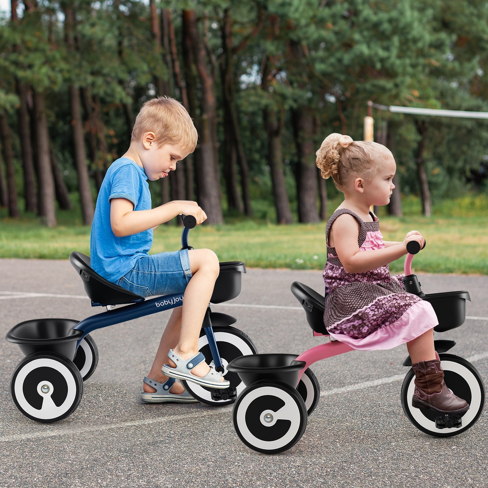 Toddler Tricycle with Adjustable Seat and Storage Baskets for 1.5-5 Years Old-Pink