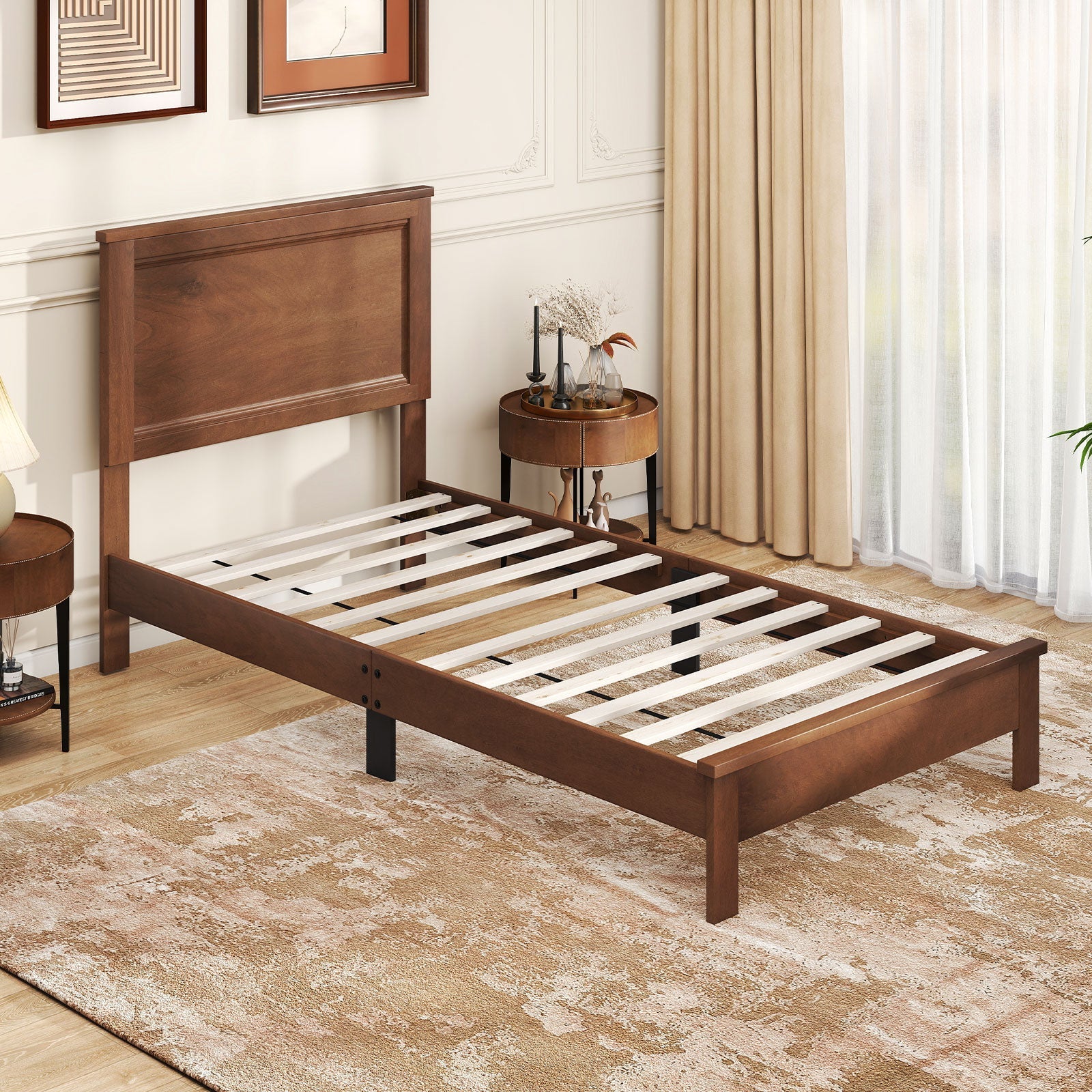 Twin Size Wooden Bed Frame with Headboard and Slat Support-Walnut