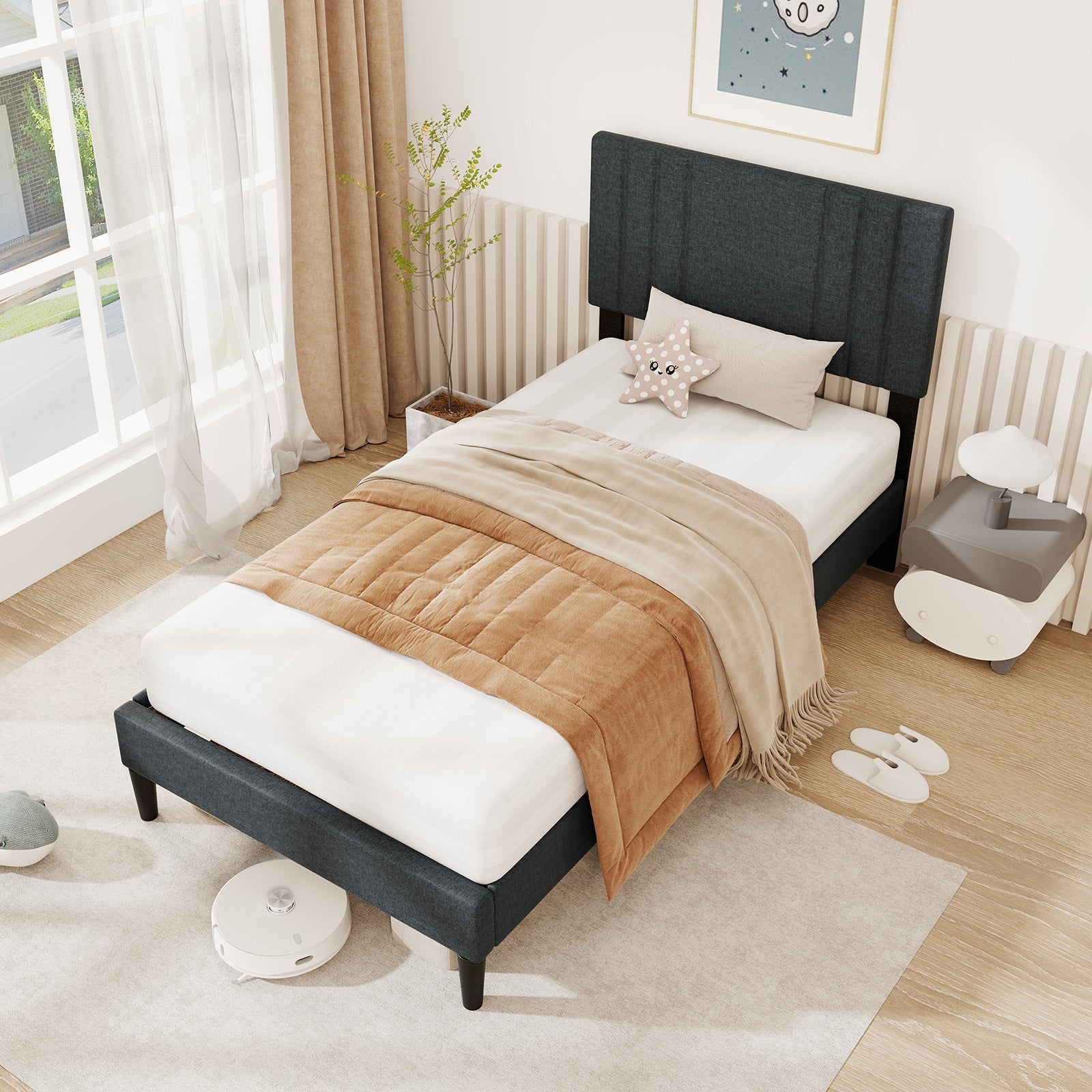 Full/Queen/Twin Size Bed Frame with Vertical Channel Tufted Headboard and Wooden Slats-Twin Size