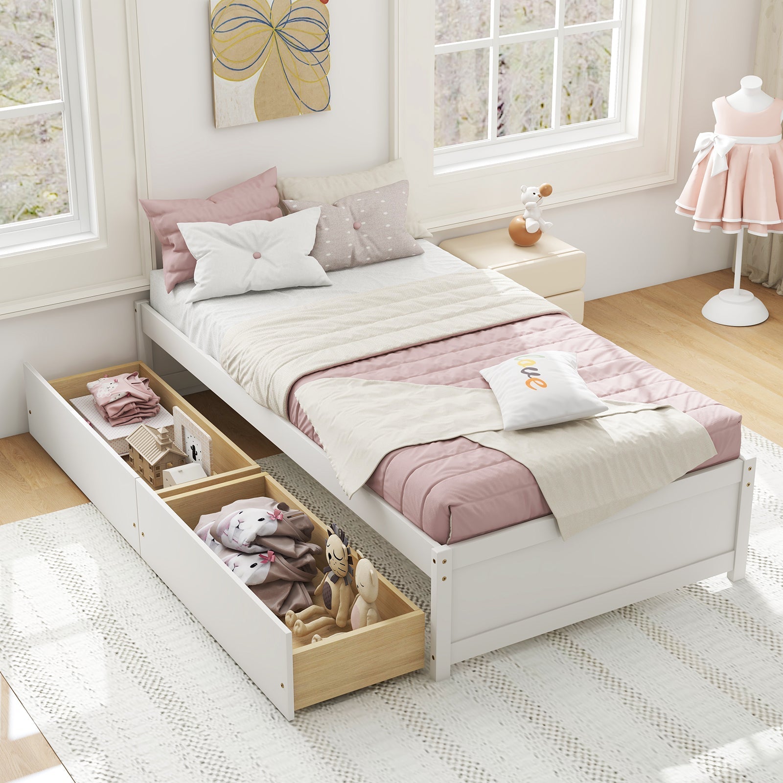 Twin Size Captain Bed with 2 Drawers and Slats Support-White