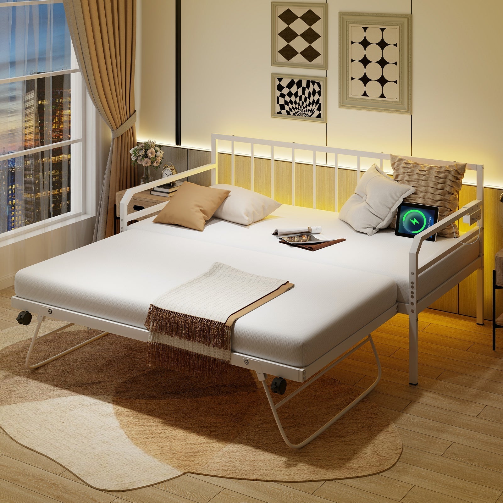 Adjustable Metal Twin Size Daybed with Charging Station and LED Light-White