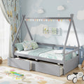 Twin Size House Bed with Roof and Safety Guardrail-Gray