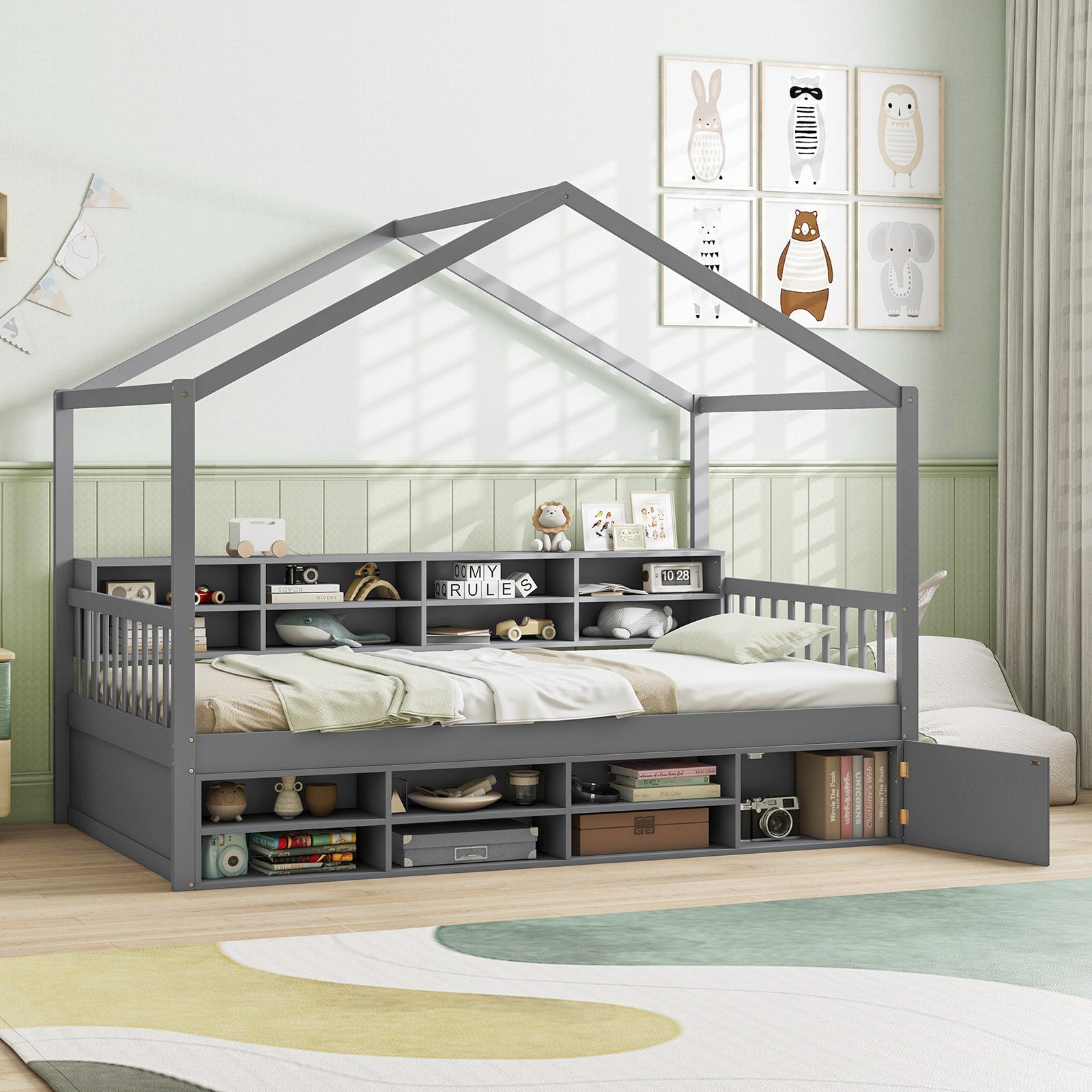 Twin Size House Bed with Roof with 14 Storage Cubes and Enclosed Cabinet-Gray
