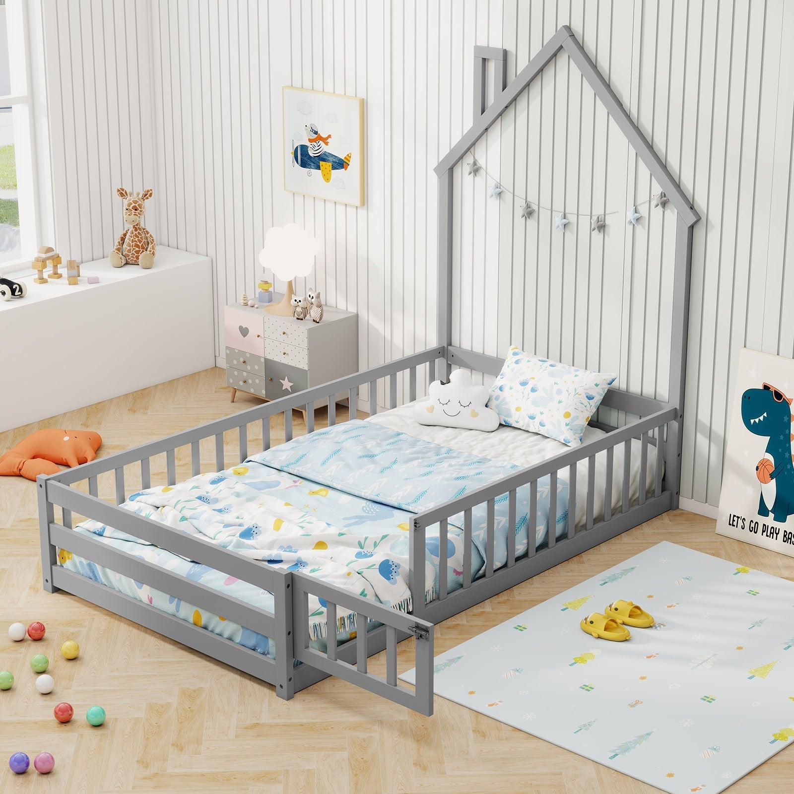 Twin Size Montessori Floor Bed with Lockable Door and Full-Length Guardrail-Gray