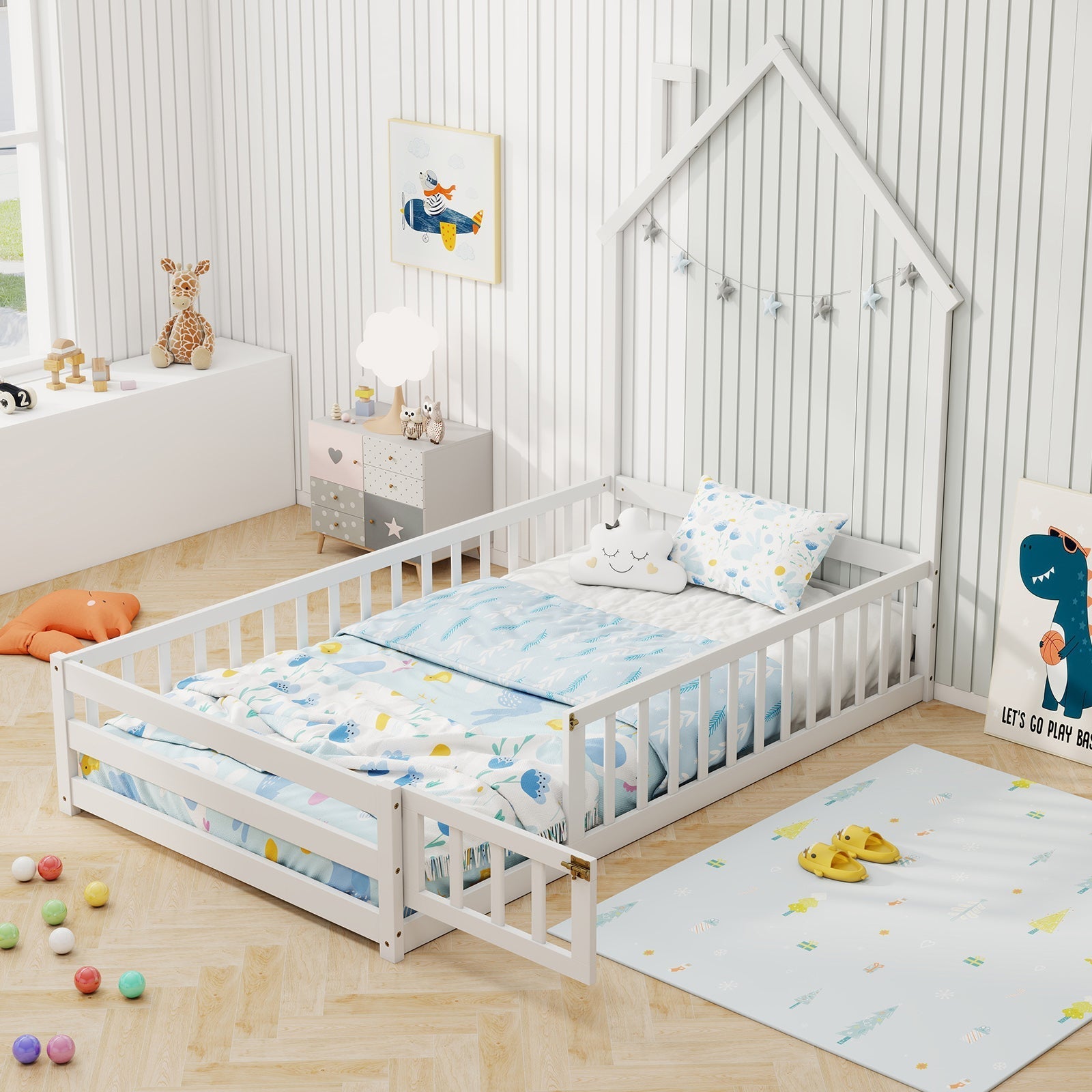Twin Size Montessori Floor Bed with Lockable Door and Full-Length Guardrail-White