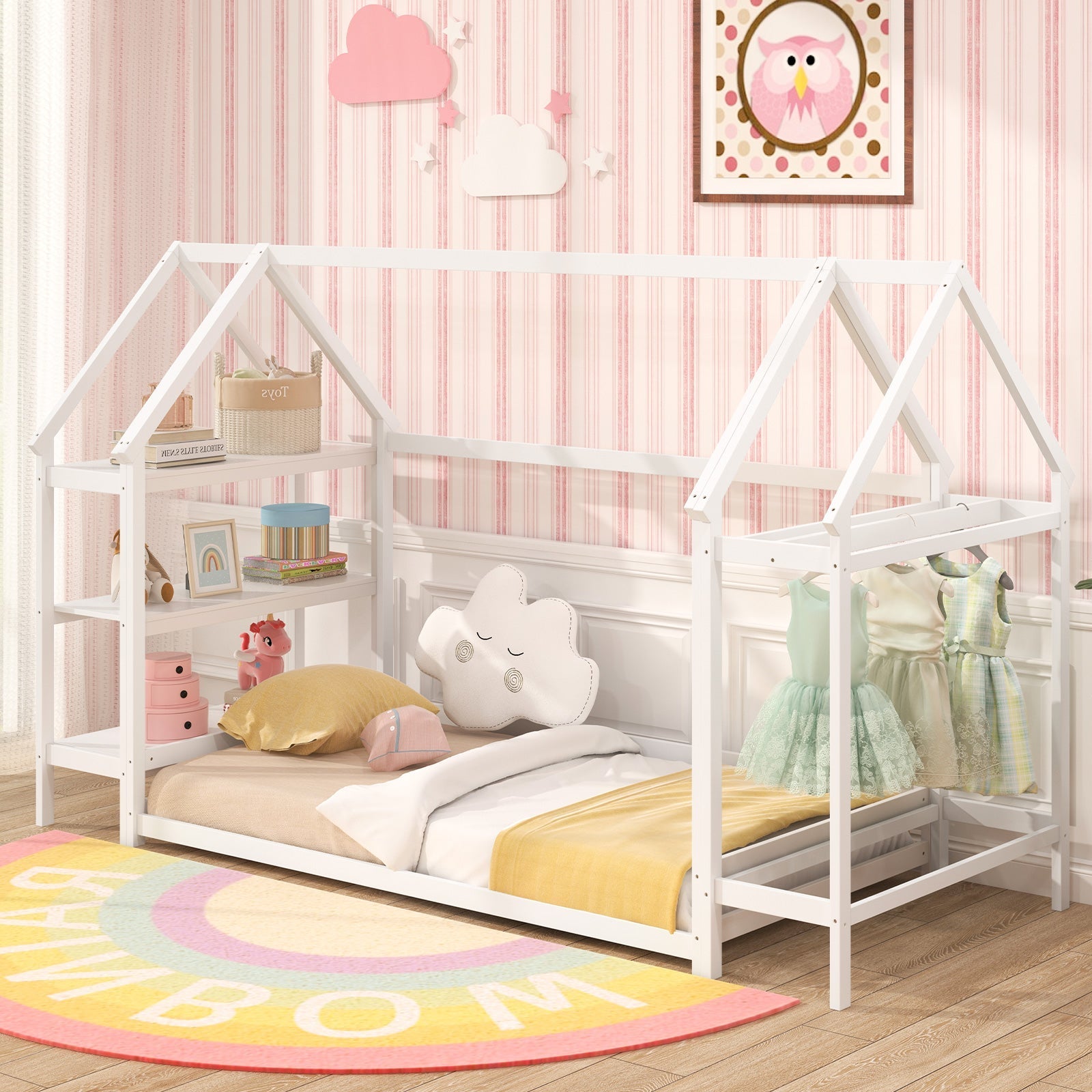 Twin Size Montessori Floor House Bed with Detachable Storage Shelves-White