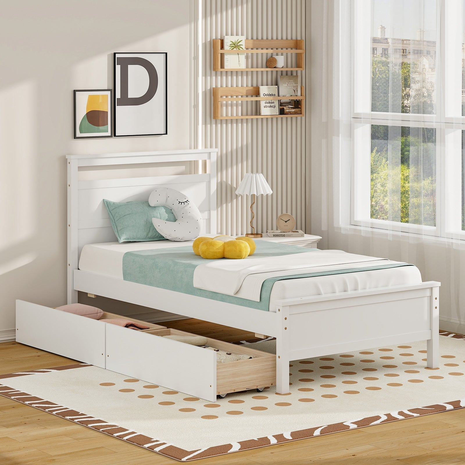 Twin Size Wooden Bed Frame with 2 Drawers for Teens and Adults-White