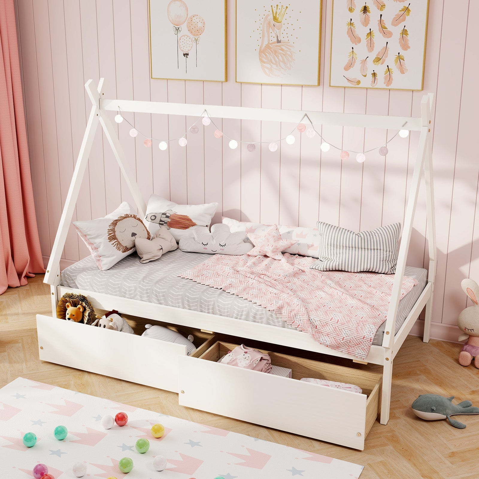 Twin Size Wooden Tent Platform House Bed with 2 Drawers-White