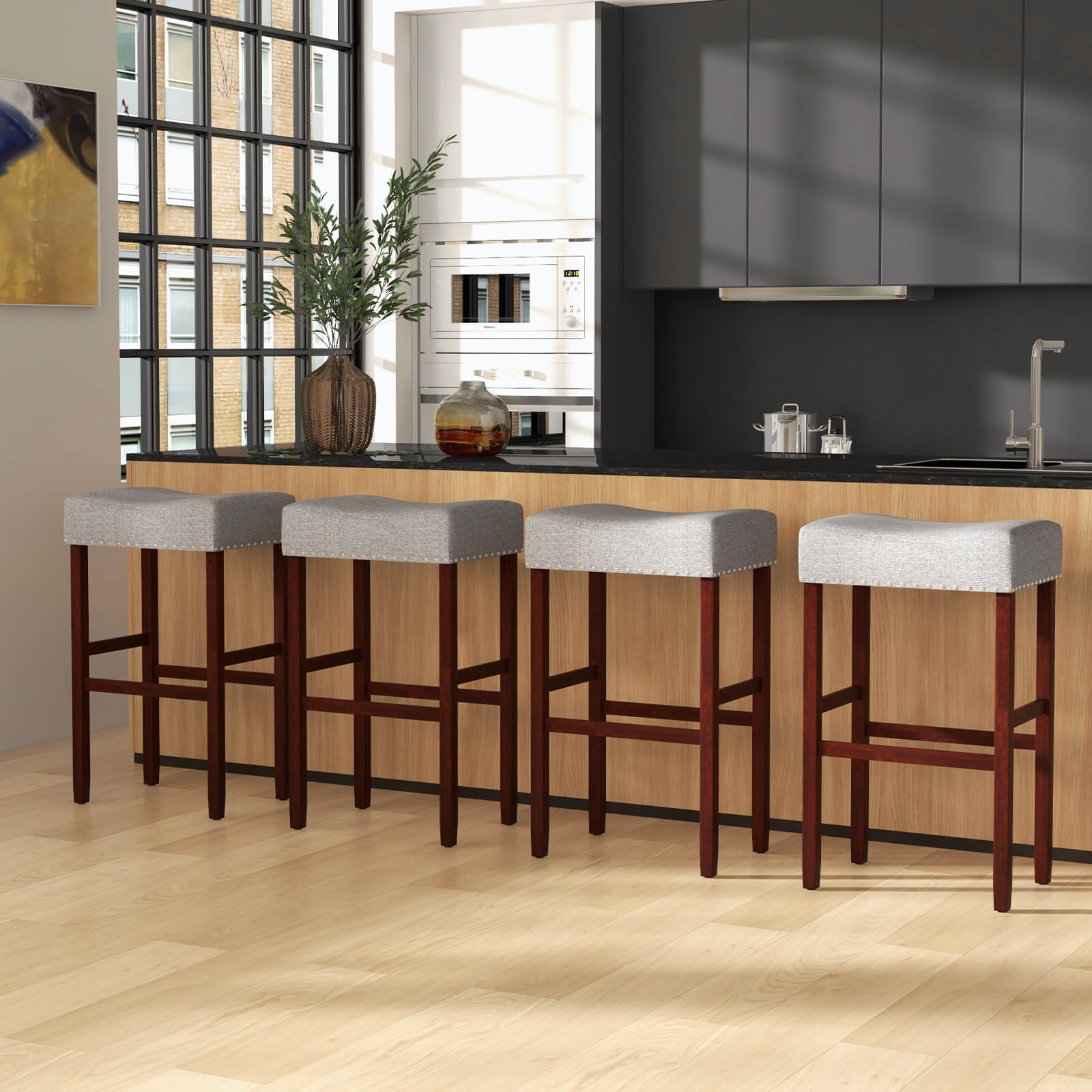 29 Inch Set of 2 Height Upholstered Bar Stool with Solid Rubber Wood Legs and Footrest-Gray