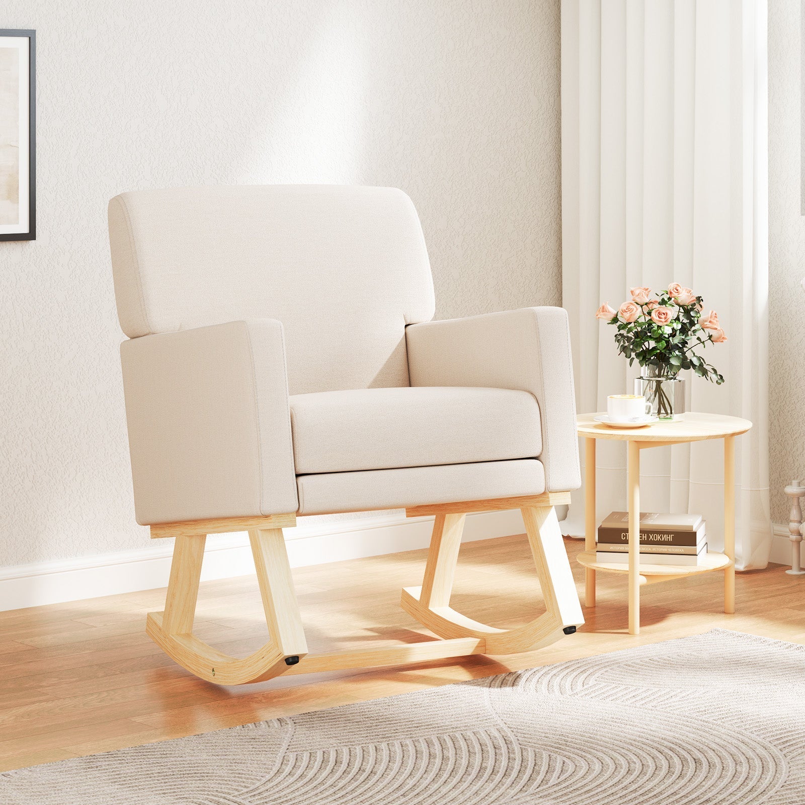 Upholstered Rocking Chair with and Solid Wood Base-Beige