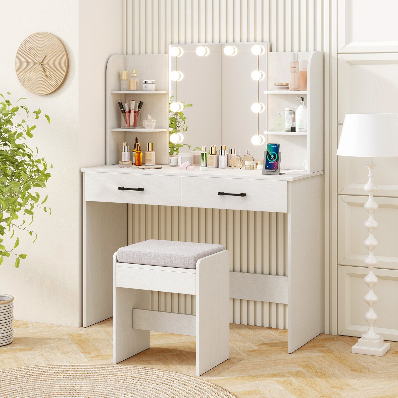 Vanity Set with Lighted Mirror and Stool with Power Outlet-White