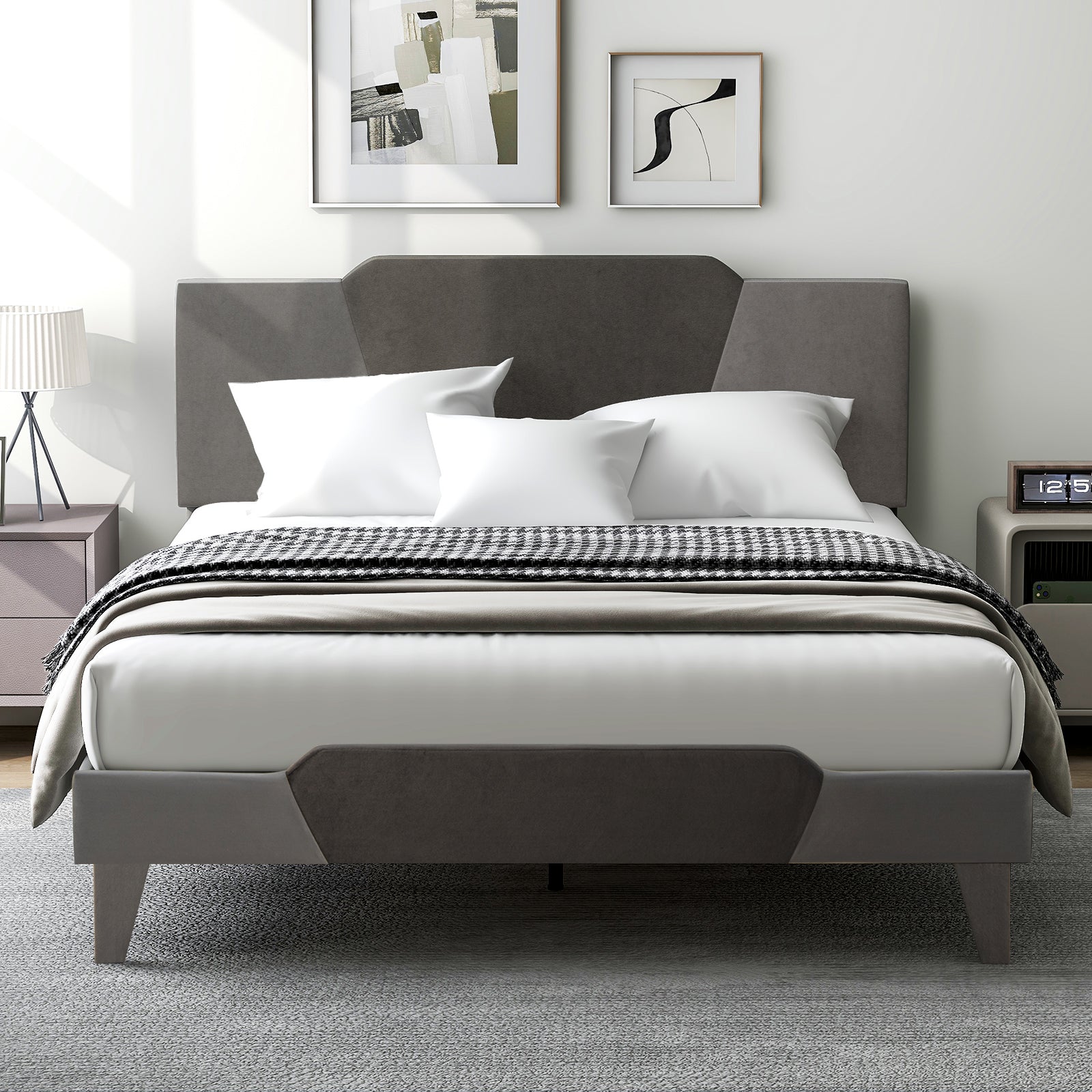 Full/Queen/Twin Velvet Upholstered Bed Frame with High Headboard-Queen Size