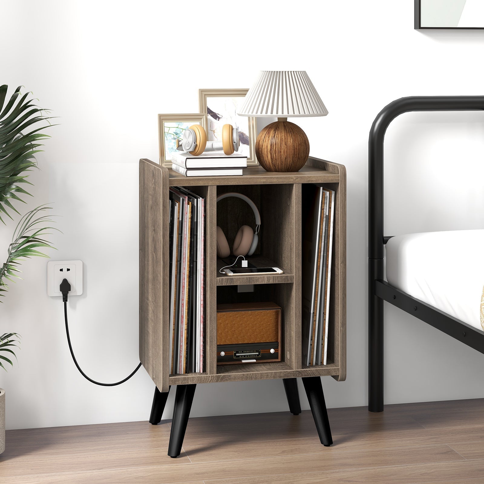 Vinyl Record Storage Turntable Stand with 4 Open Shelves-Gray
