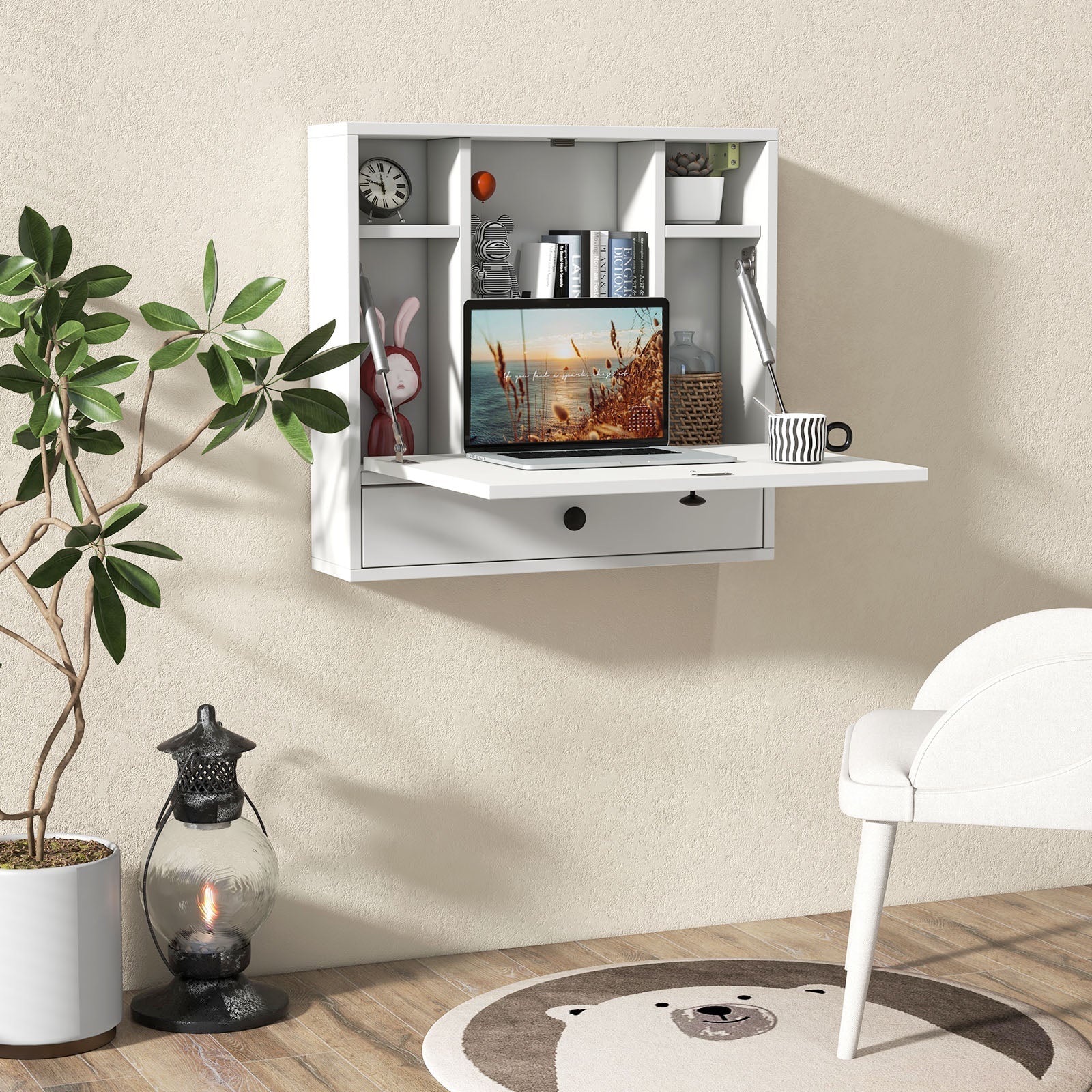 Wall-Mount Floating Desk Foldable Space Saving Laptop Workstation White