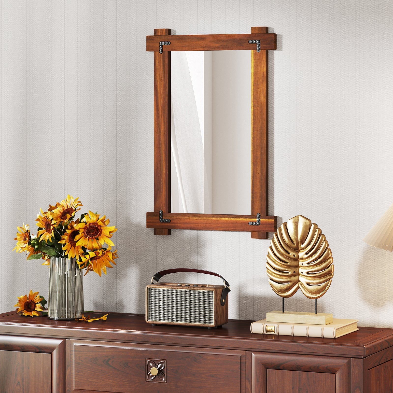 Wood Framed Mirror with Acacia Wood Frame and Vintage Rivet Design Brown-S