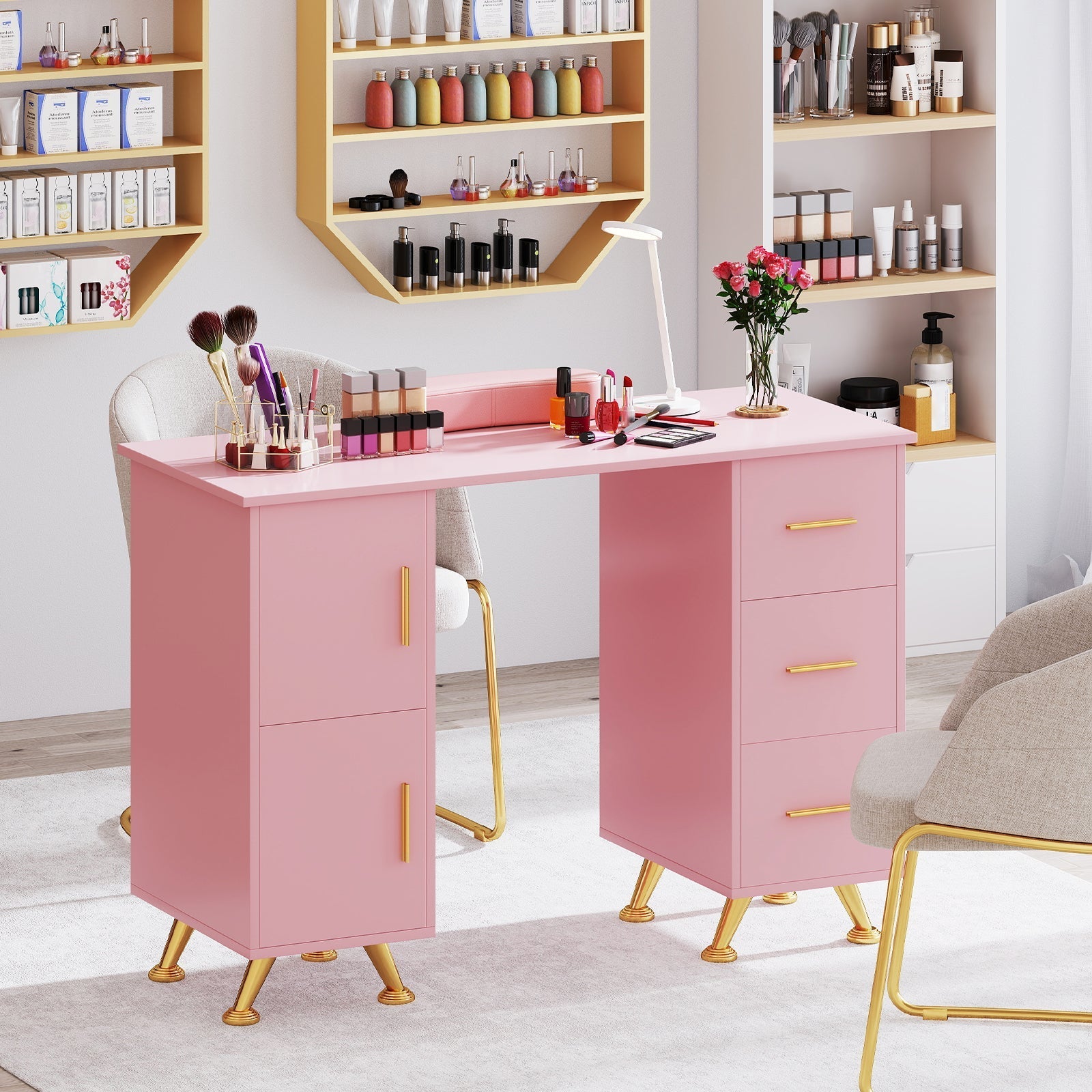 Wooden Manicure Table Nail Desk with Drawers Wrist Rest-Pink