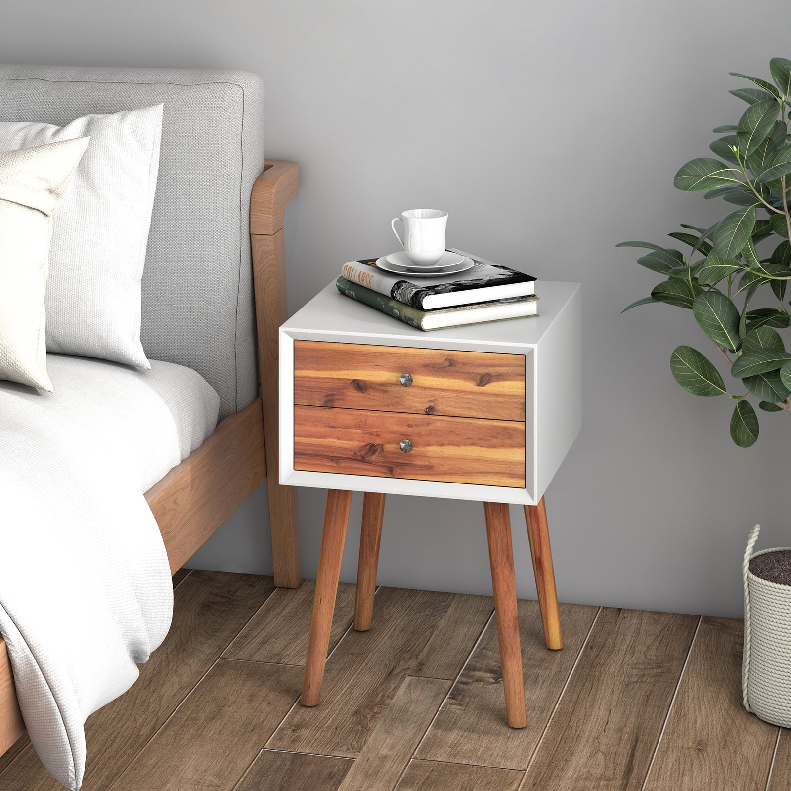 Wooden Nightstand Mid-Century End Side Table with 2 Storage Drawers-Brown