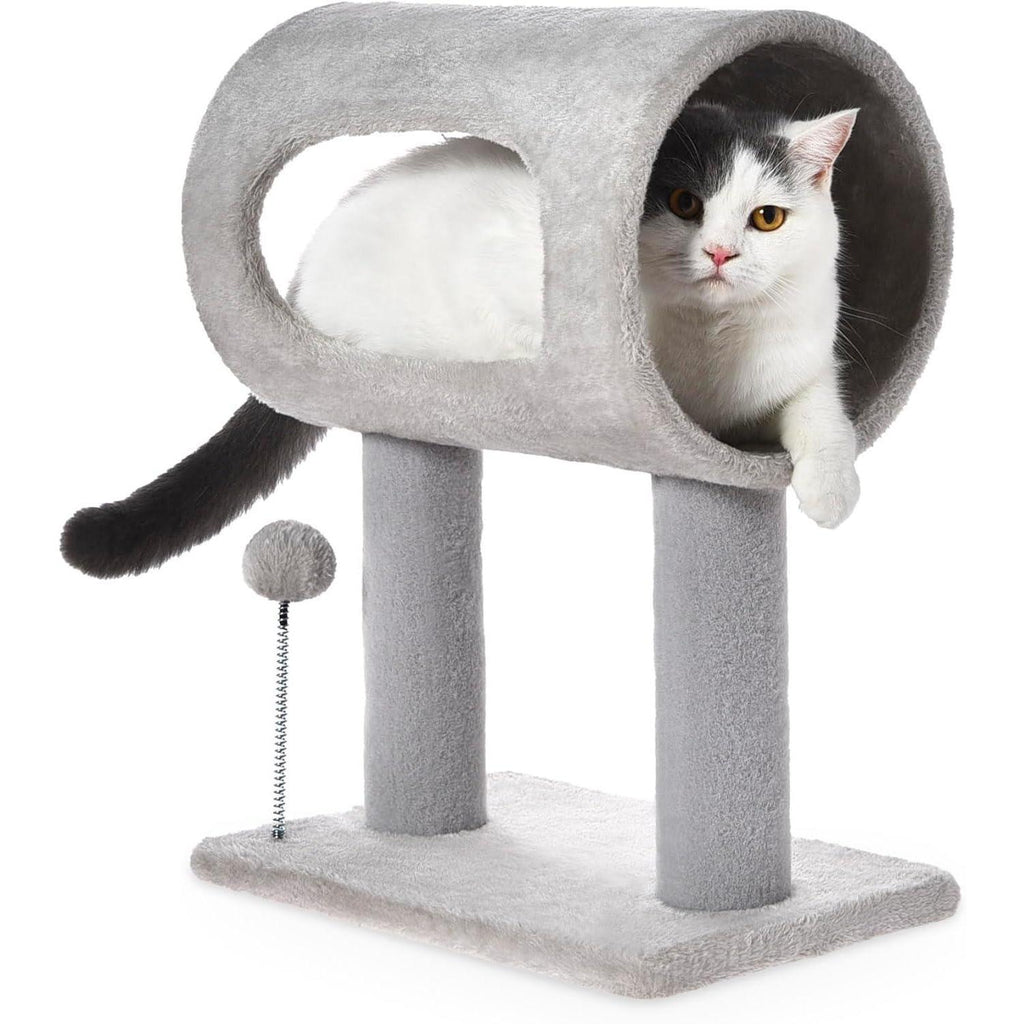 Gray Indoor Cat Tree With Hanging Ball 20.5Cat Tree With Tunnel Bed