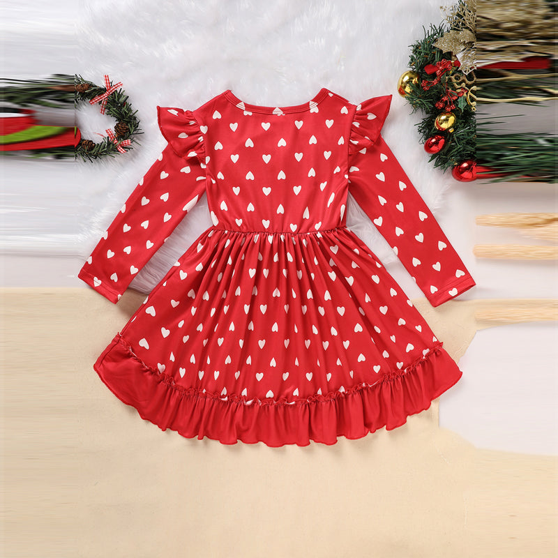 Toddler Girl's Cute 'LOVE' Embroidered Dress, Heart Print Long Sleeve