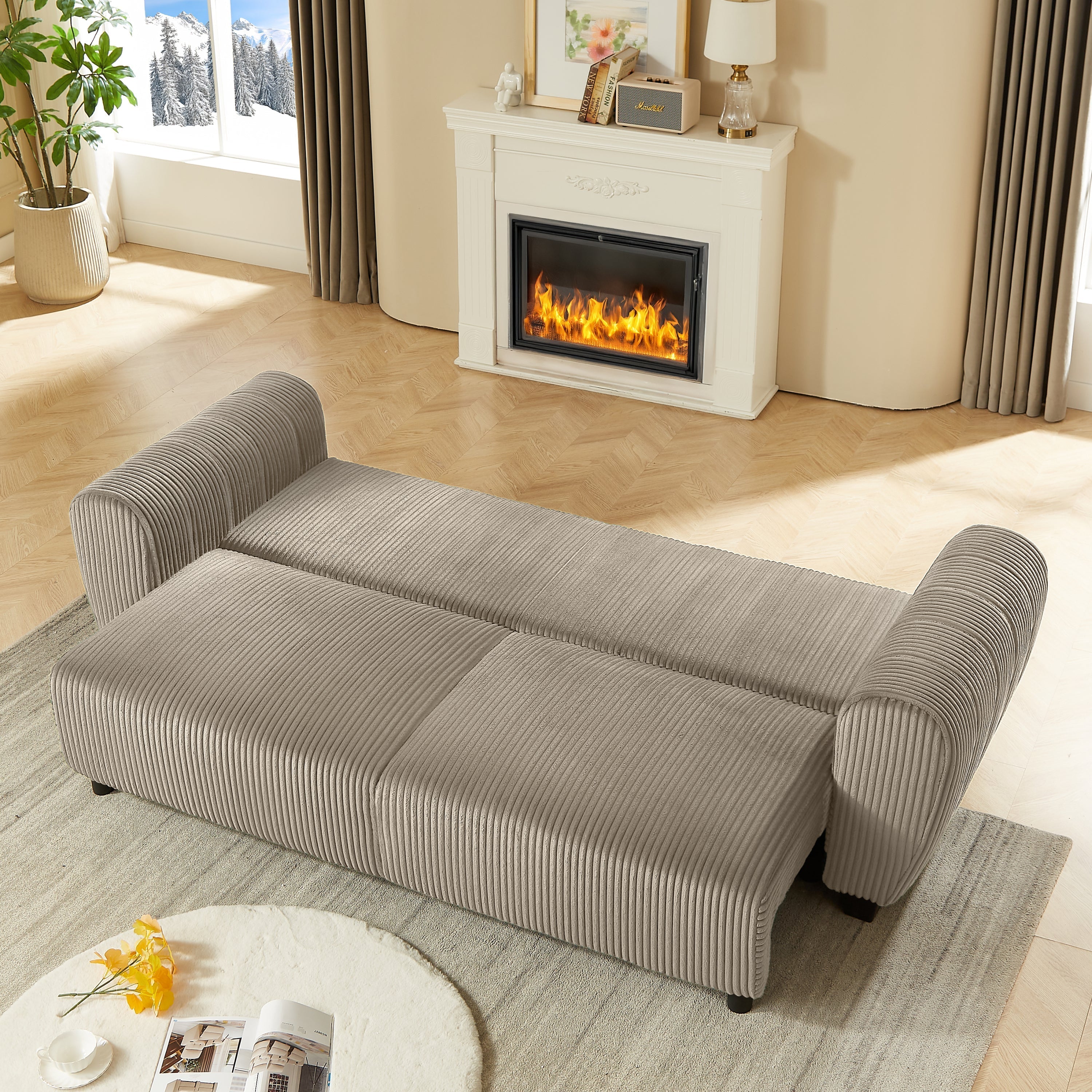 Corduroy Upholstered 3-Seat Sofa Couch 2-in-1 Convertible Sleeper Sofa Light Brown