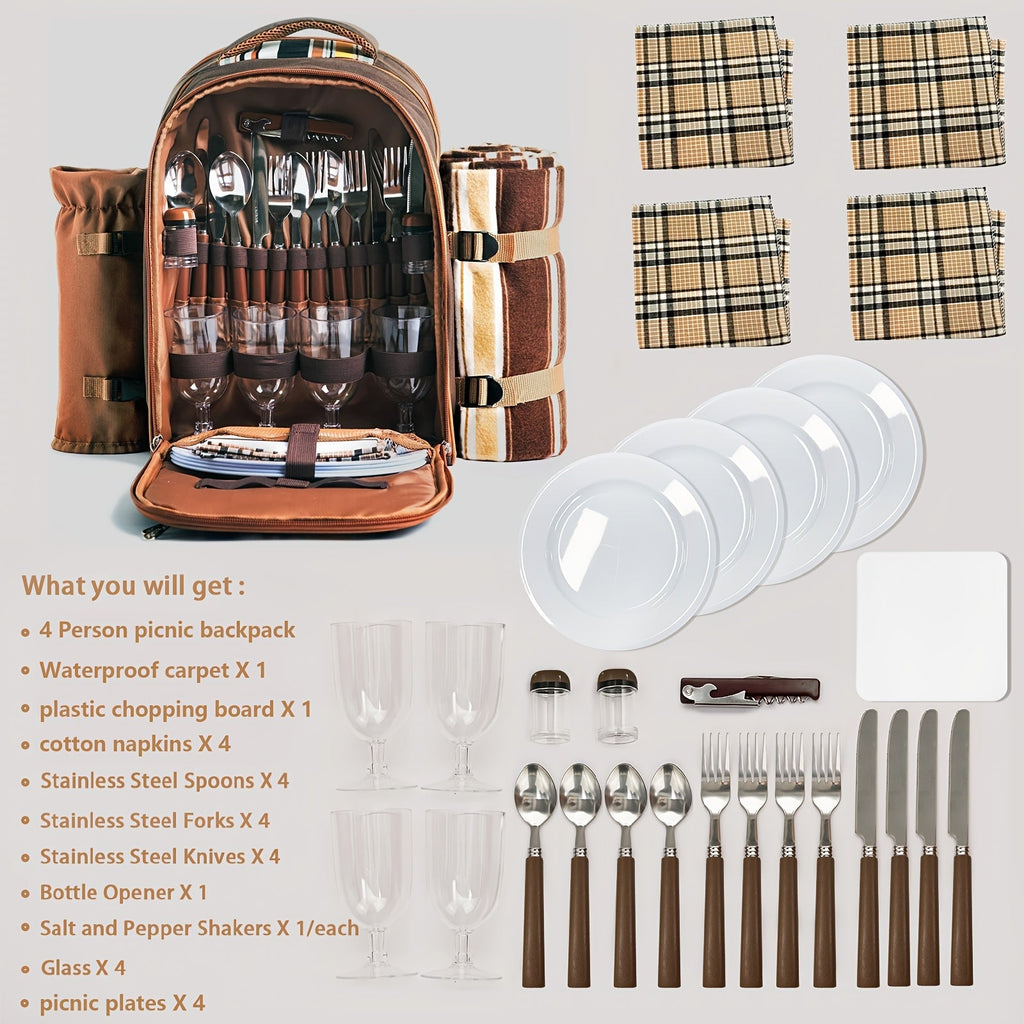4-Person Picnic Backpack with Cooler Compartment, Detachable Bottle/Wine Holder, Fleece Blanket, Plates & Cutlery Set - Perfect for Outdoor, Sports, Hiking, Camping, BBQs (Coffee), Camping Essentials | Stylish Picnic Bag | St