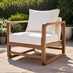 Outdoor Lounge Chair with Acacia Wood and White Cushions