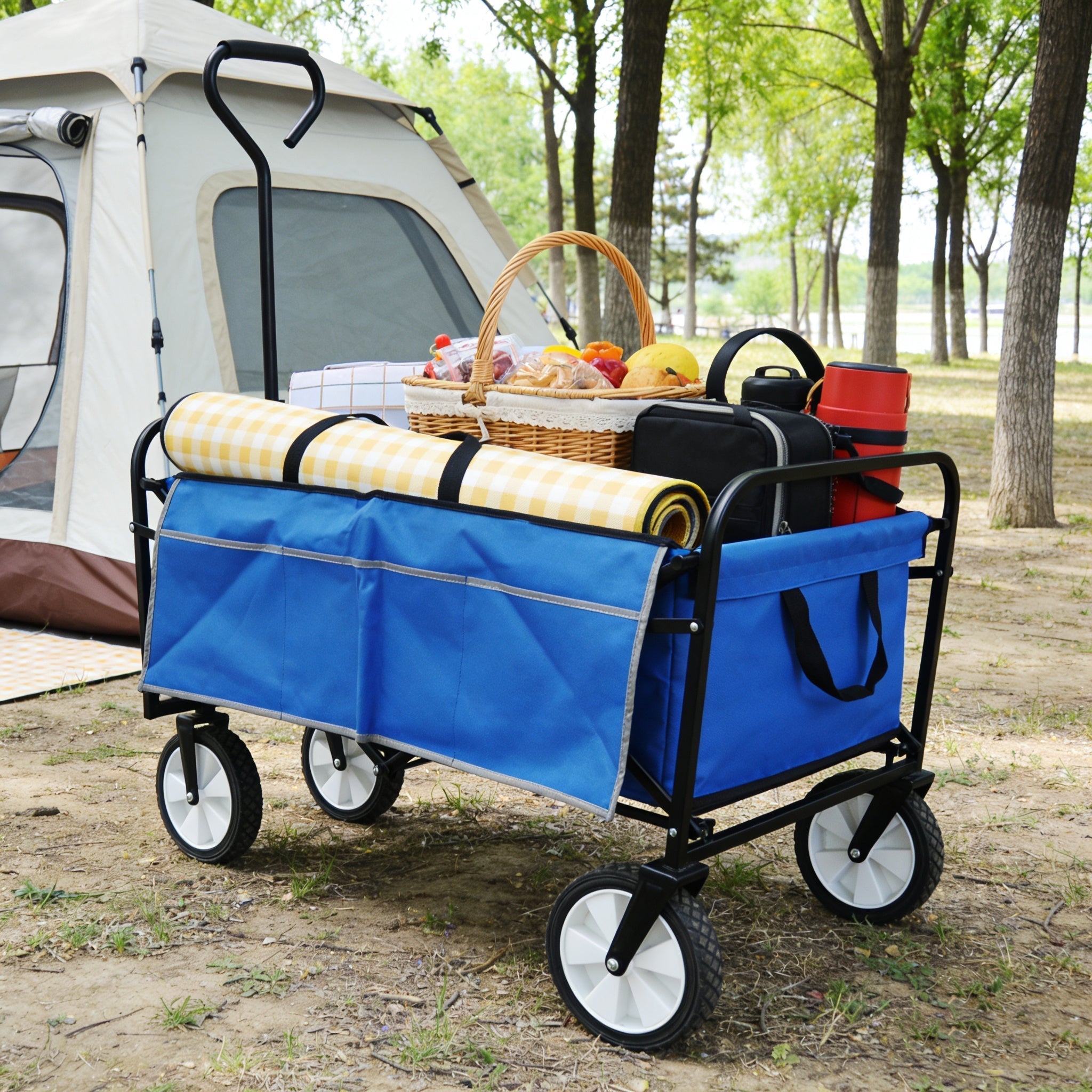 Folding Wagon Garden Shopping Beach Cart (Blue)