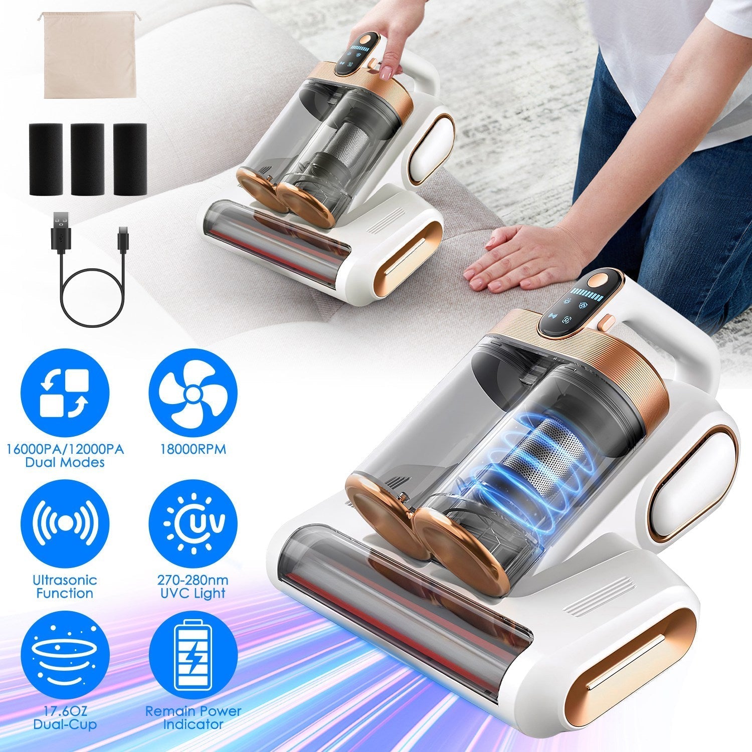 1Pc Mattress Vacuum Cleaner 16Kpa Bed Vacuum Cleaner Handheld Vacuums