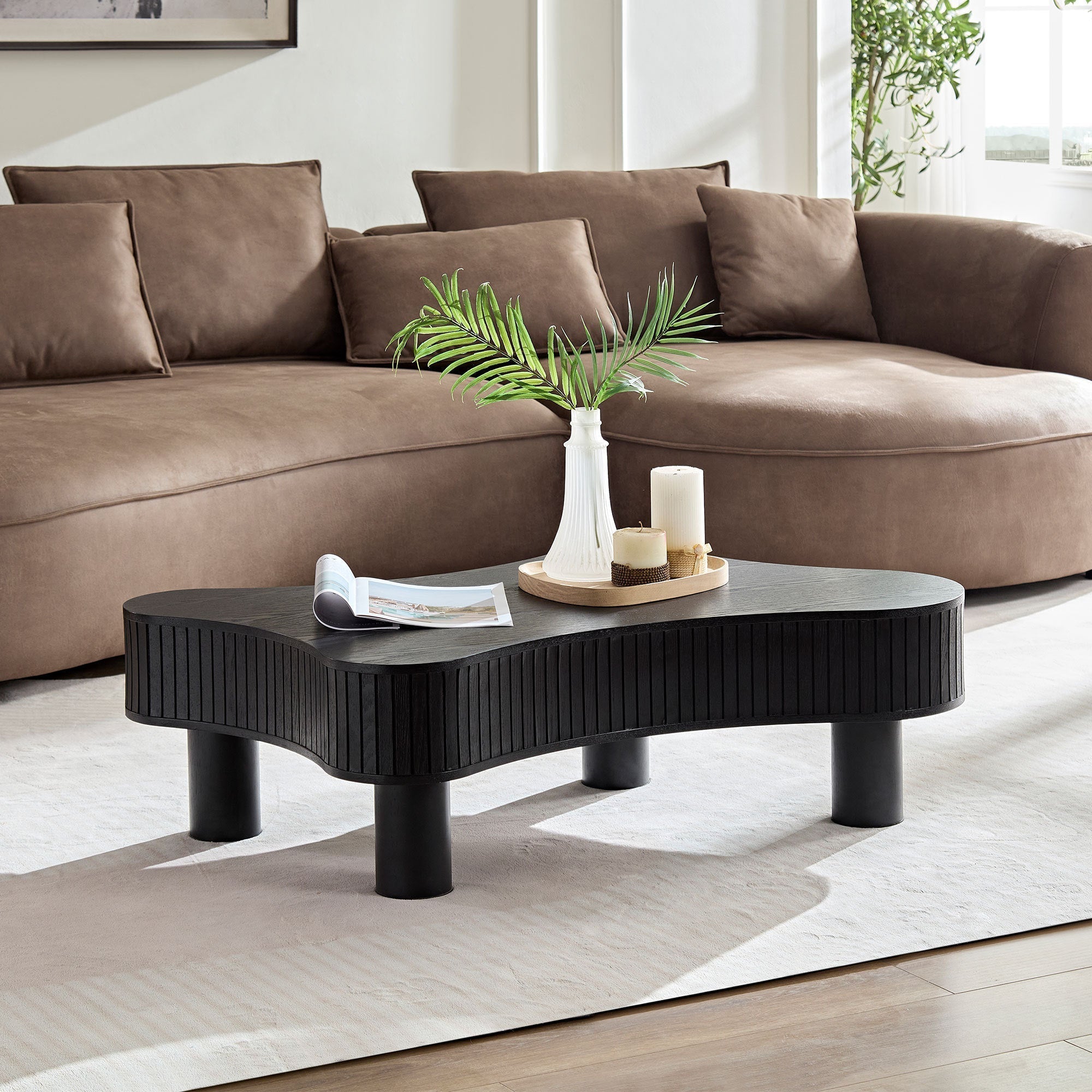 42.52 Inch Modern Wooden Handcraft Drum Coffee Table Black