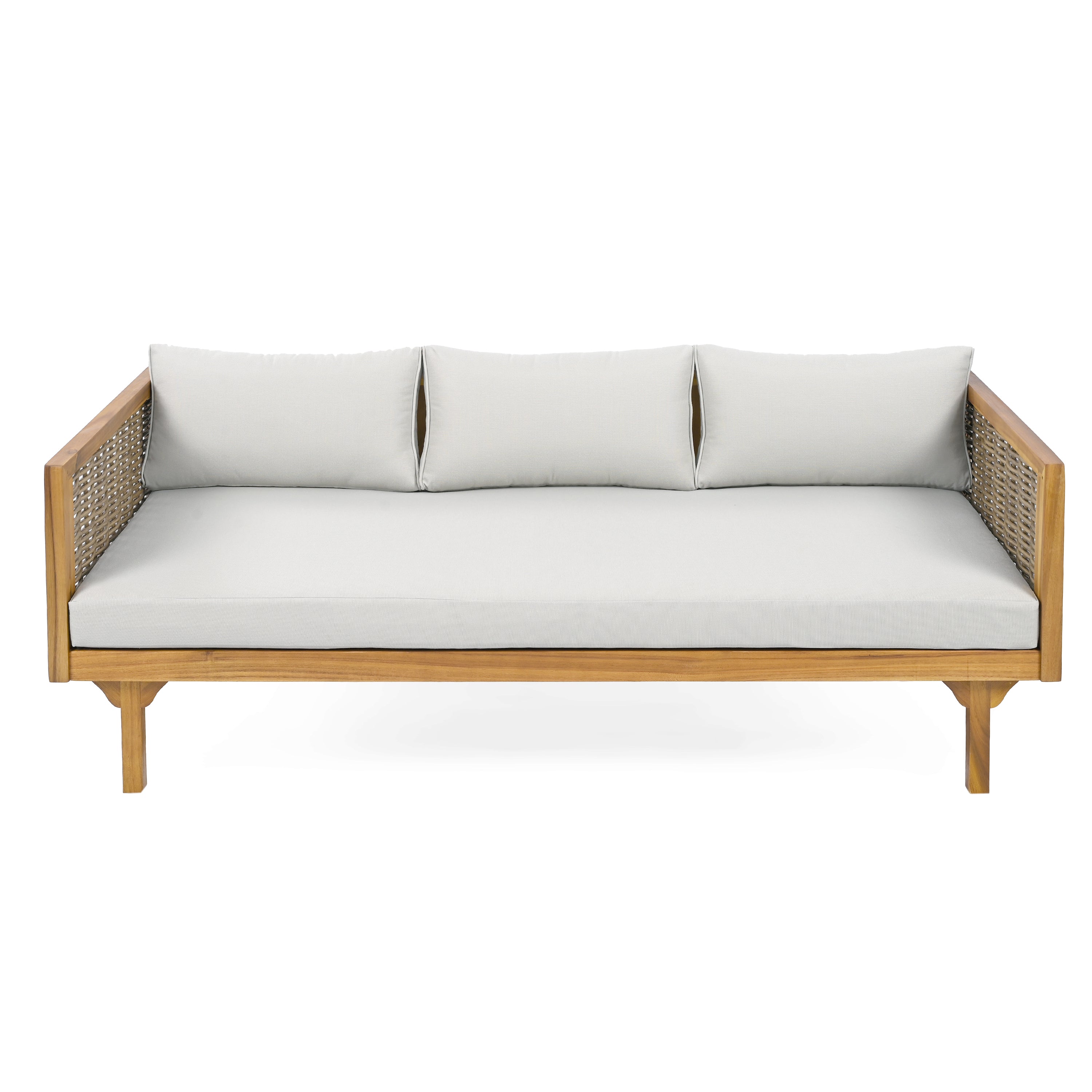 Claremont 3-Seater Daybed with Rattan Arms, Light Grey Cushion, Acacia Wood Frame