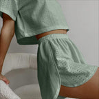 2pcs Casual Hollow Suit With Short-sleeved Crop Top And Elastic Slit