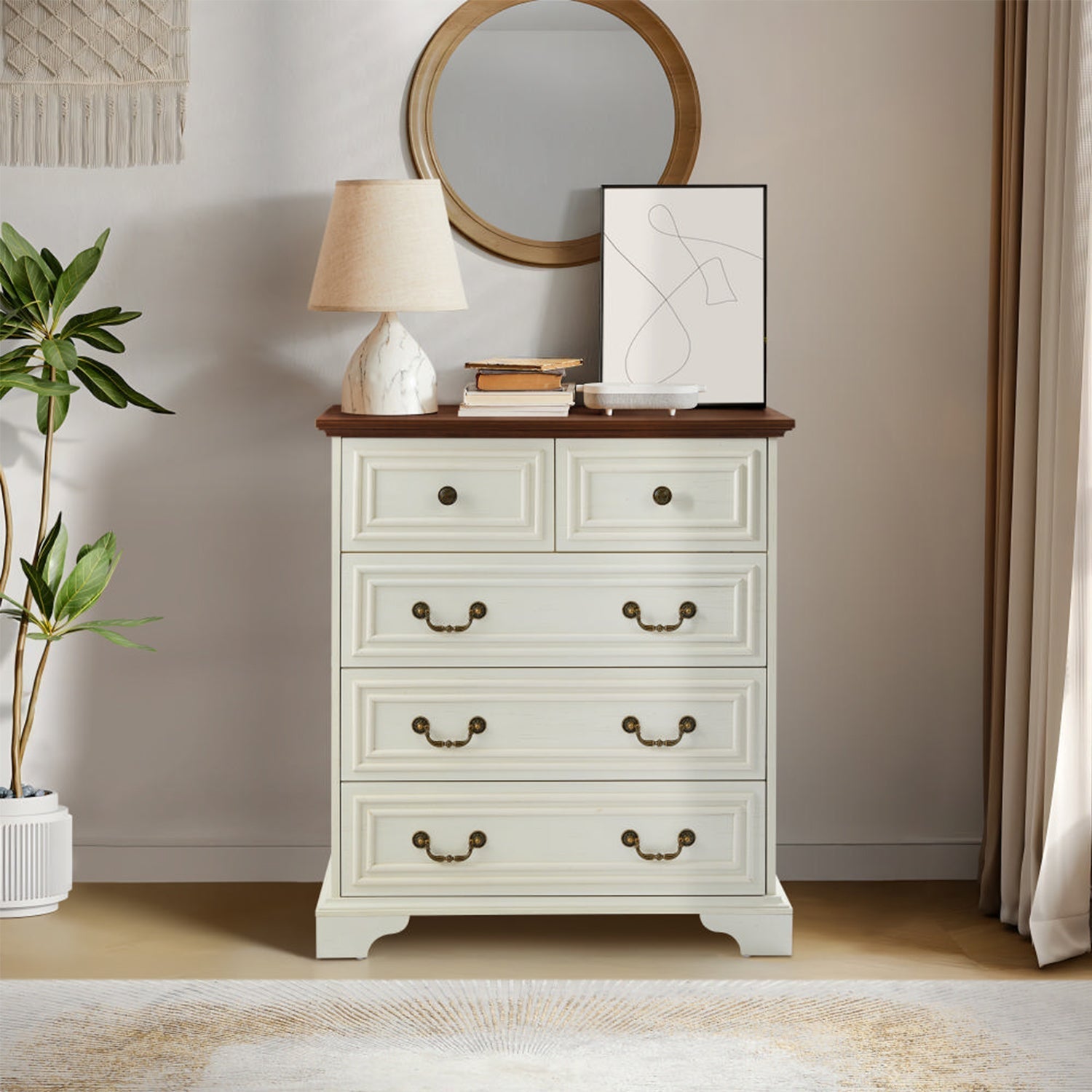 Antique Brown & White 5-Drawer Vintage Dresser – Farmhouse & Modern Design