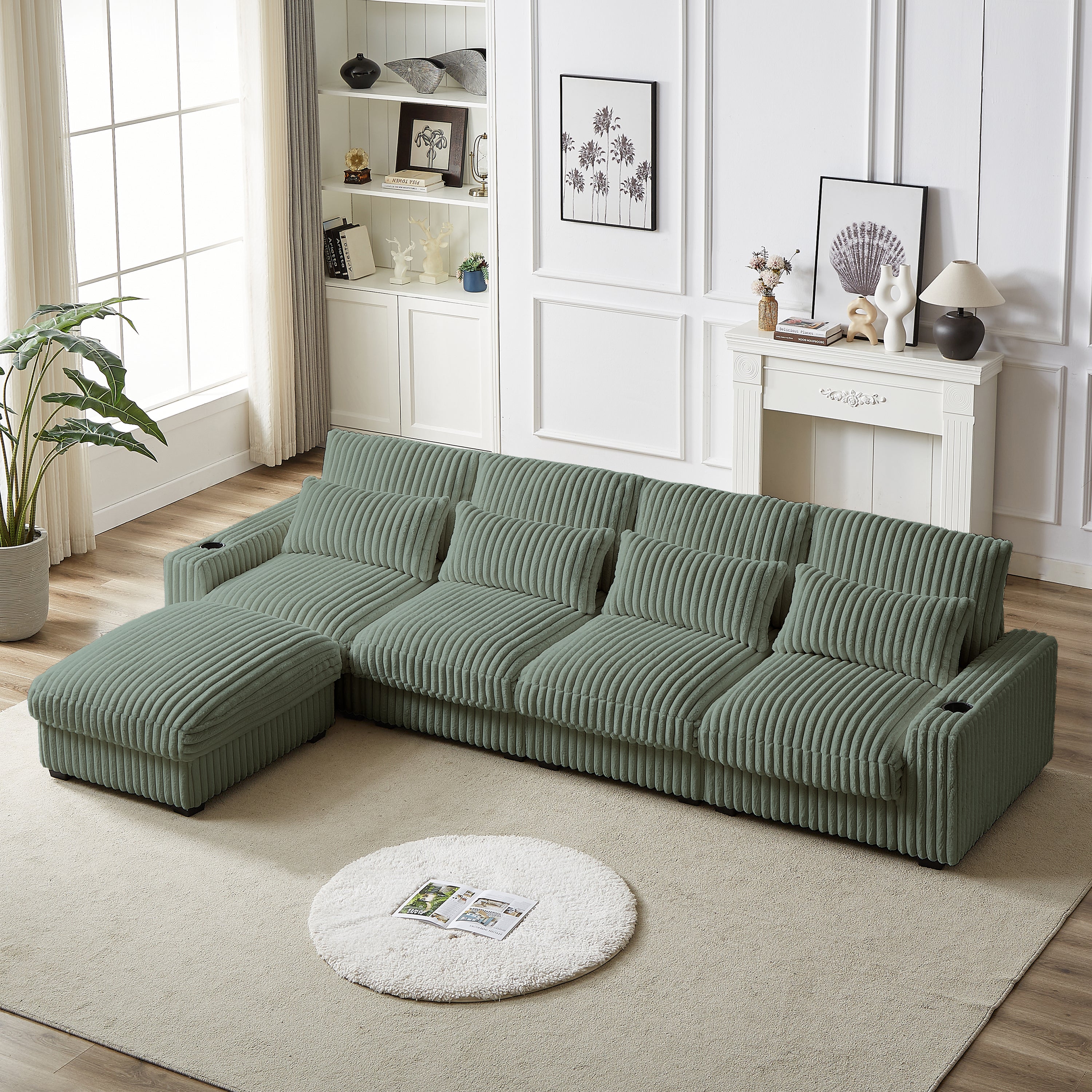 126-Inch Corduroy With Cup Holder Super Large L-Shaped Sofa
