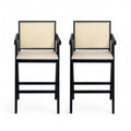 Woven Cane Plastic Backrest Bar Stool Foam Padded Fabric Seat & Durable Rubberwood Frame - Cream Gray