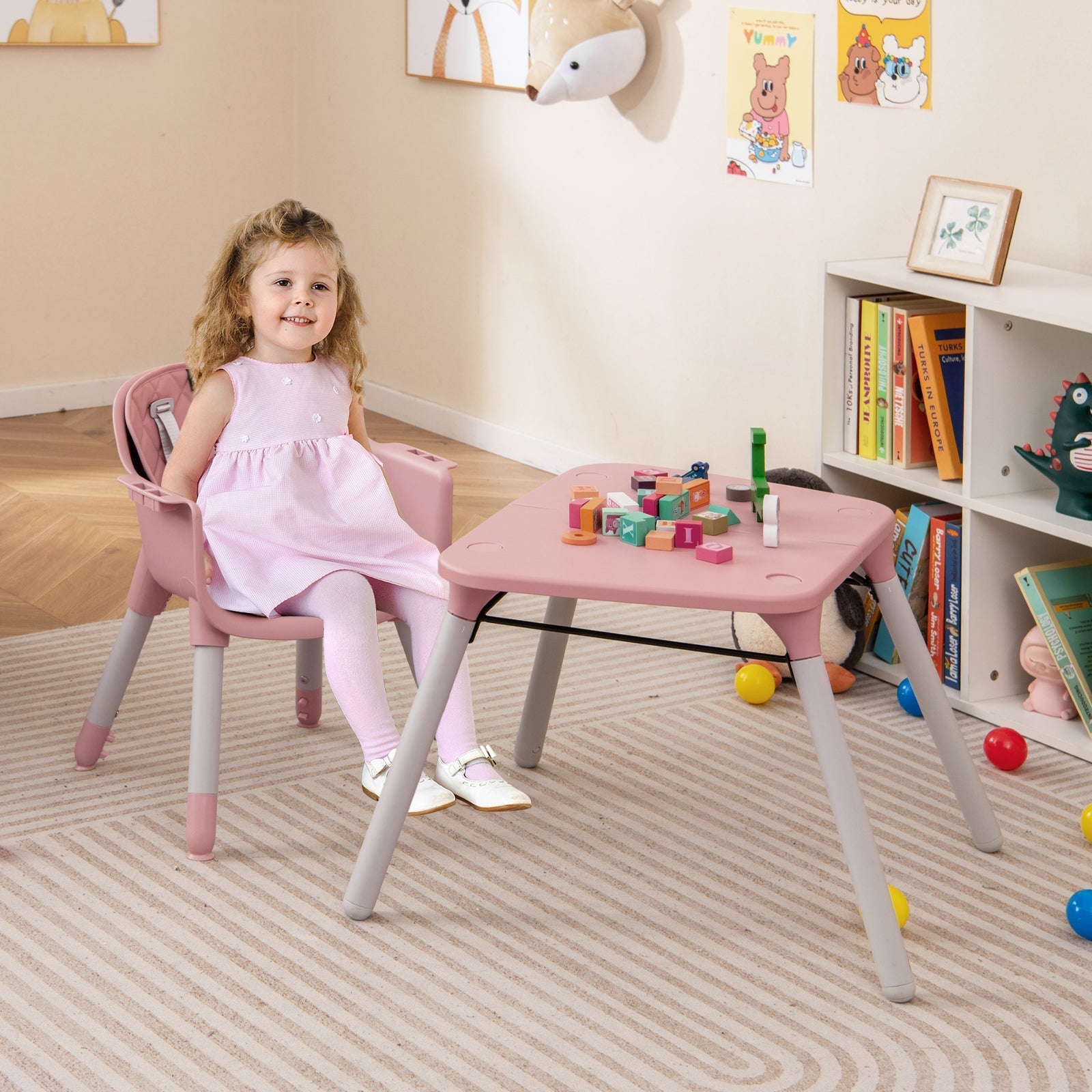4-in-1 Baby Convertible Toddler Table Chair Set with PU Cushion-Pink