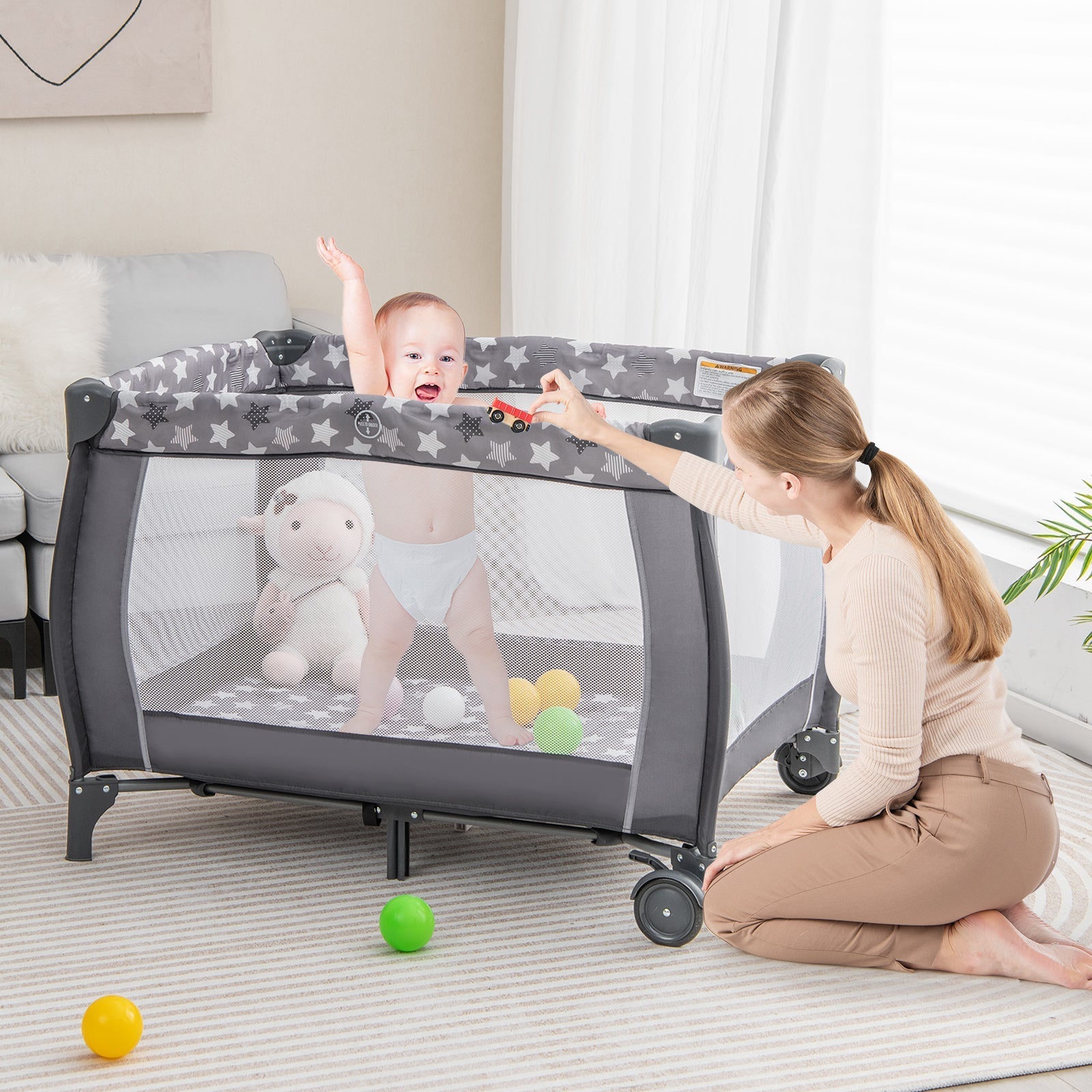 Portable Baby Playard with Changing Table Bassinet and Music Box-Gray