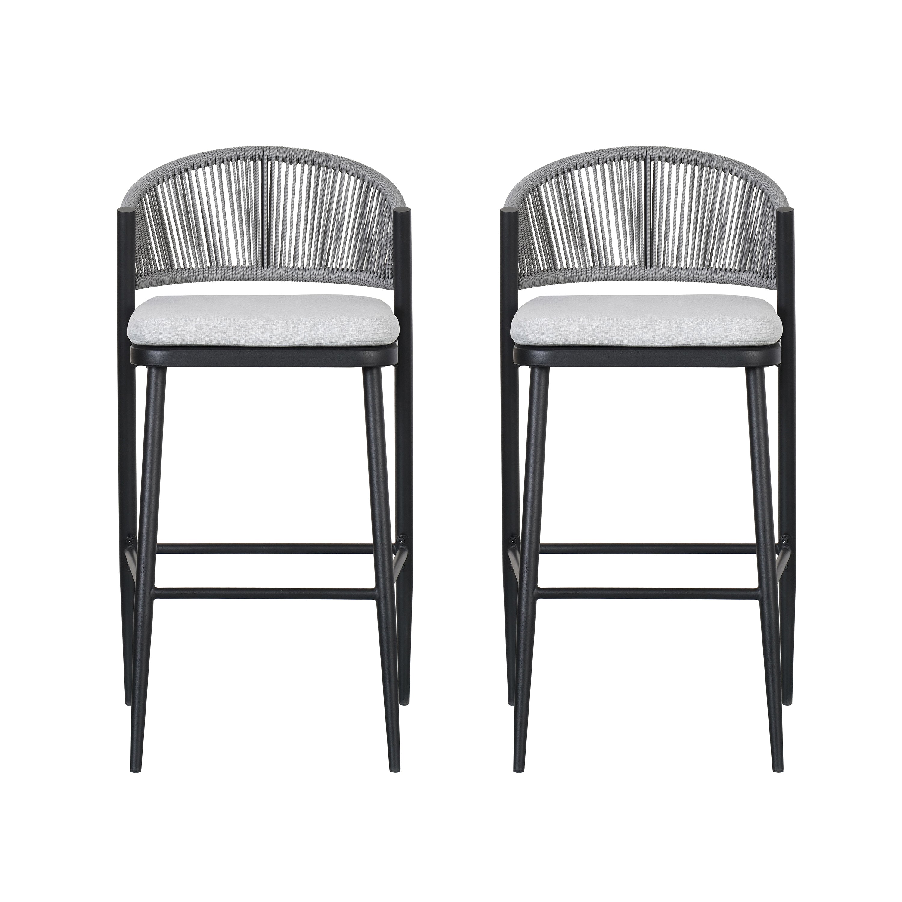 Outdoor Bar Height Metal Frame Counter Stools with Scallop-shaped Backrest & Water-resistant Cushions - Set of 2
