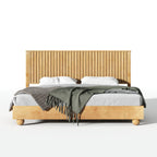 Natural Queen Size Wood Bed Frame With Reeded Headboard