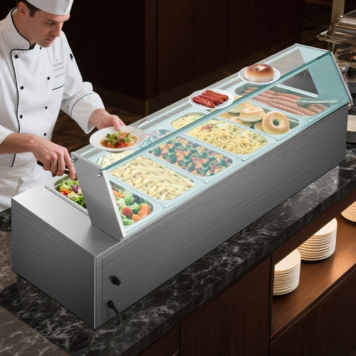 Commercial Food Warmer 6 X 1/3 Size Pans Buffet Bain Marie With Glass